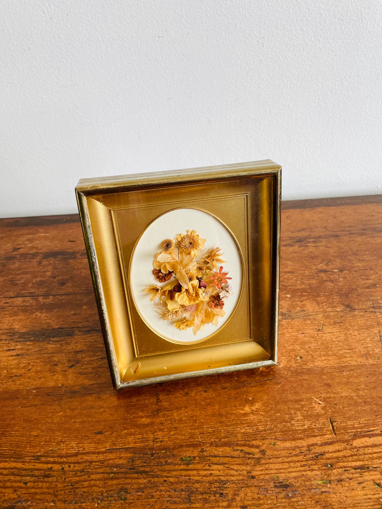 Dried Flower Arrangement - Oval Gold with Brass Shadow Box Frame - Easel Prop for Standing