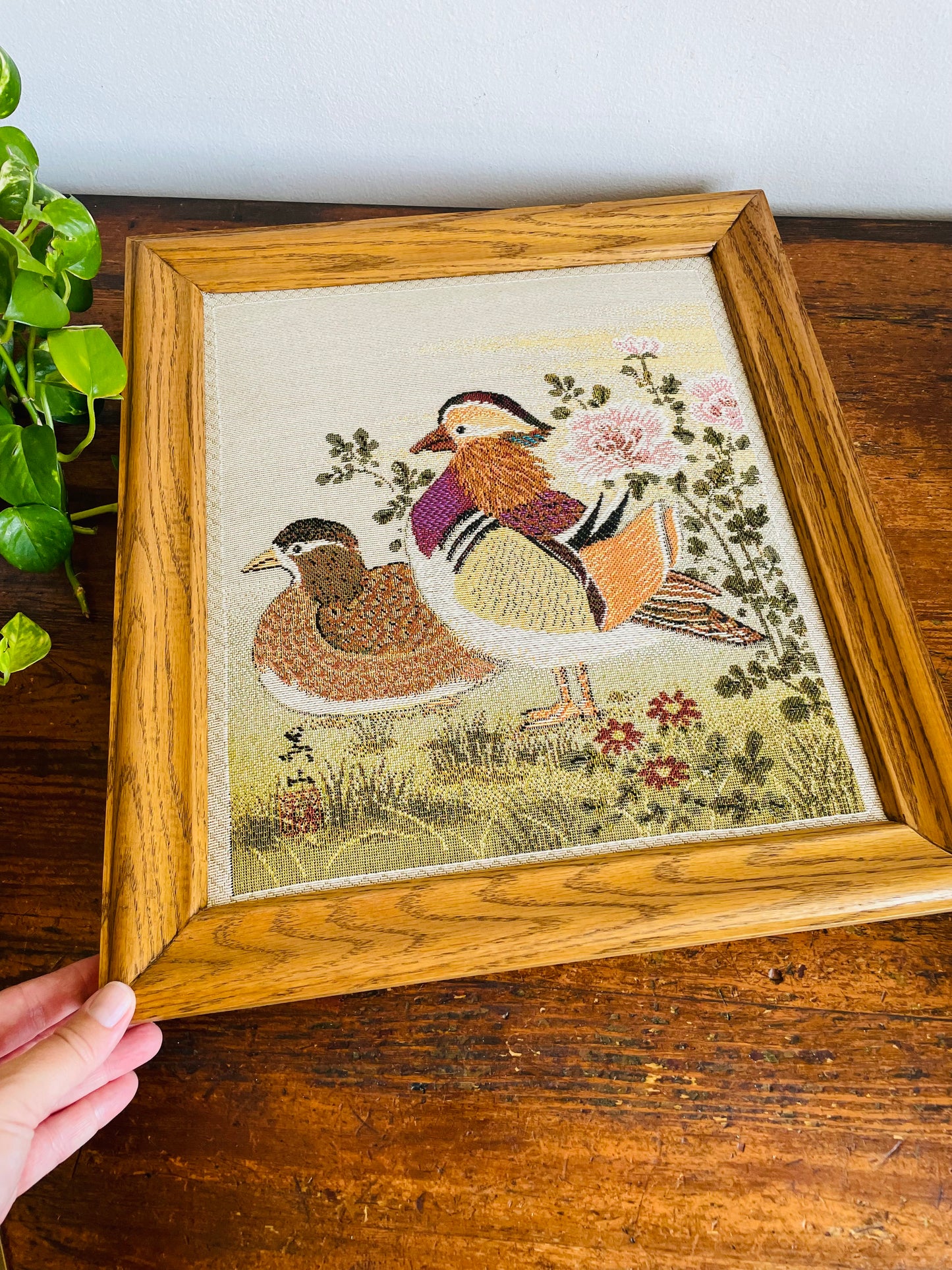 Vintage Framed Stuffed Tapestry Fabric Picture of Mandarin Duck Birds