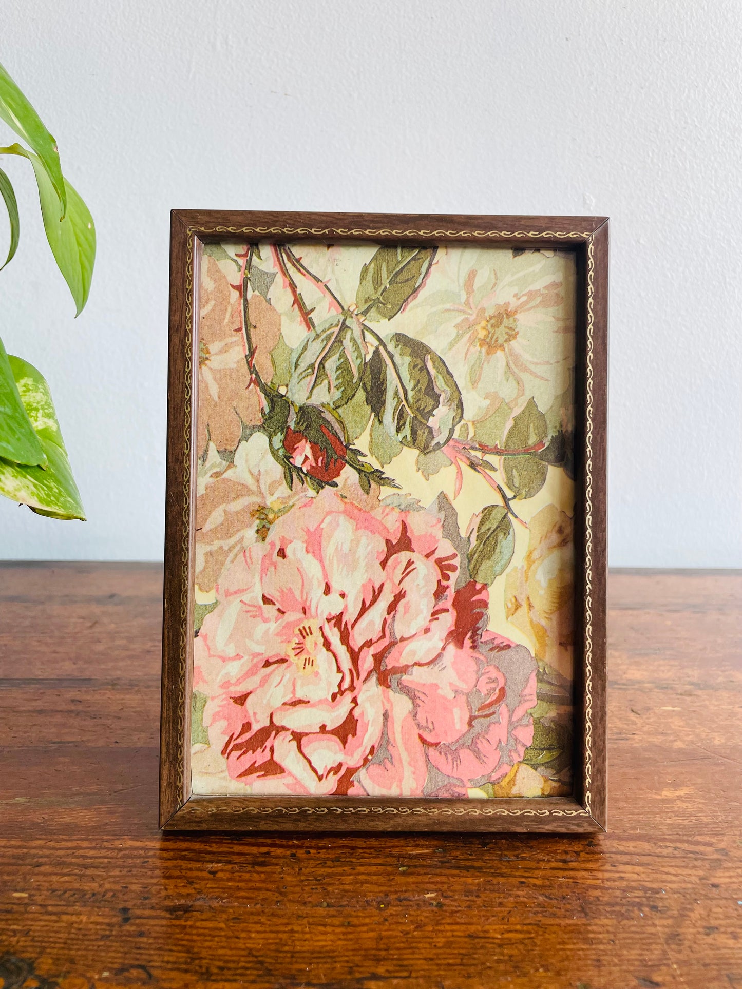 Brown & Gold Metal Picture Frame with Muted Floral Print - Can Prop or Hang