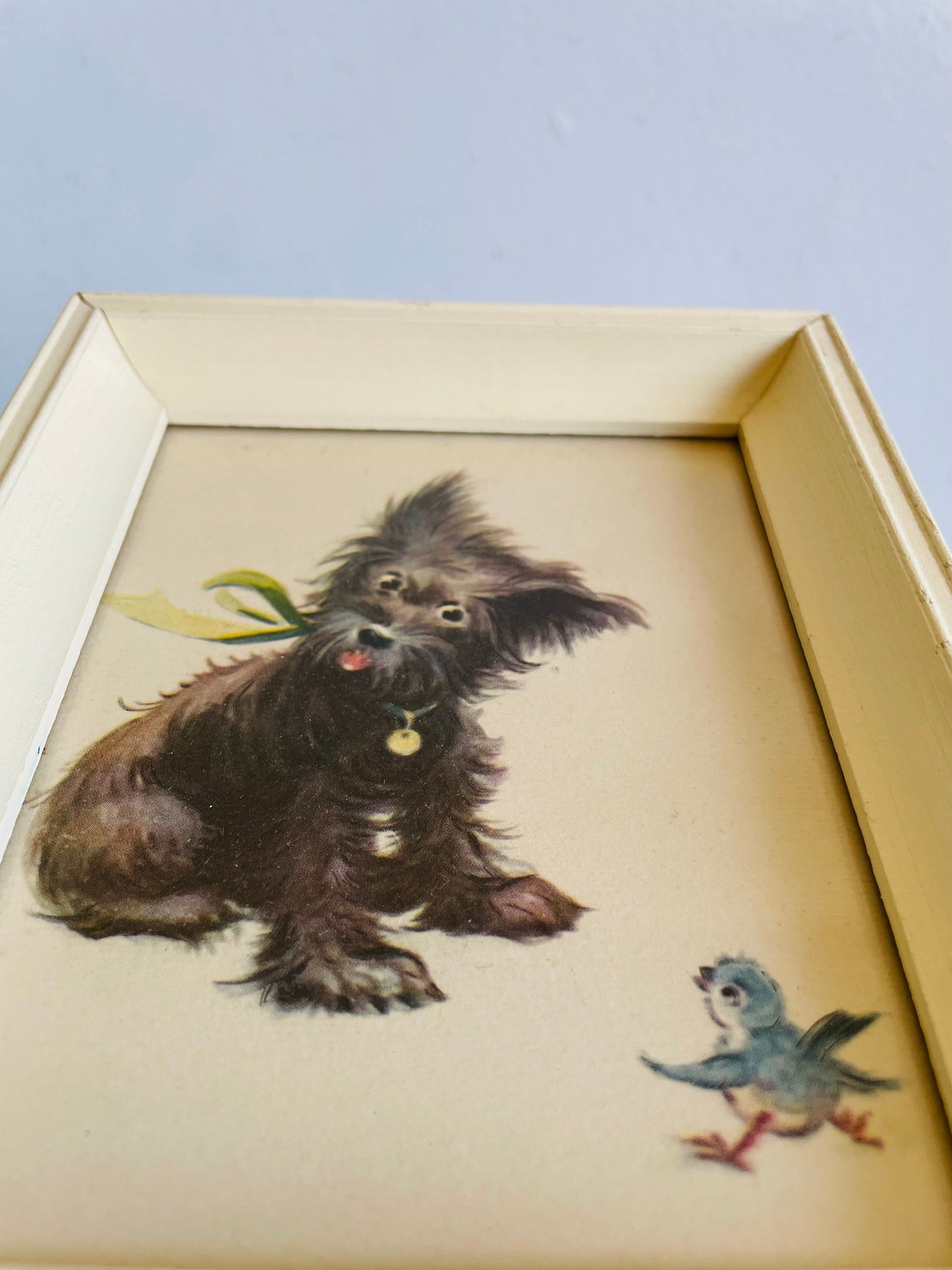 Vintage Adorable & Sweet Puppy Dog Print Pictures in Cream Frames - Set of 2