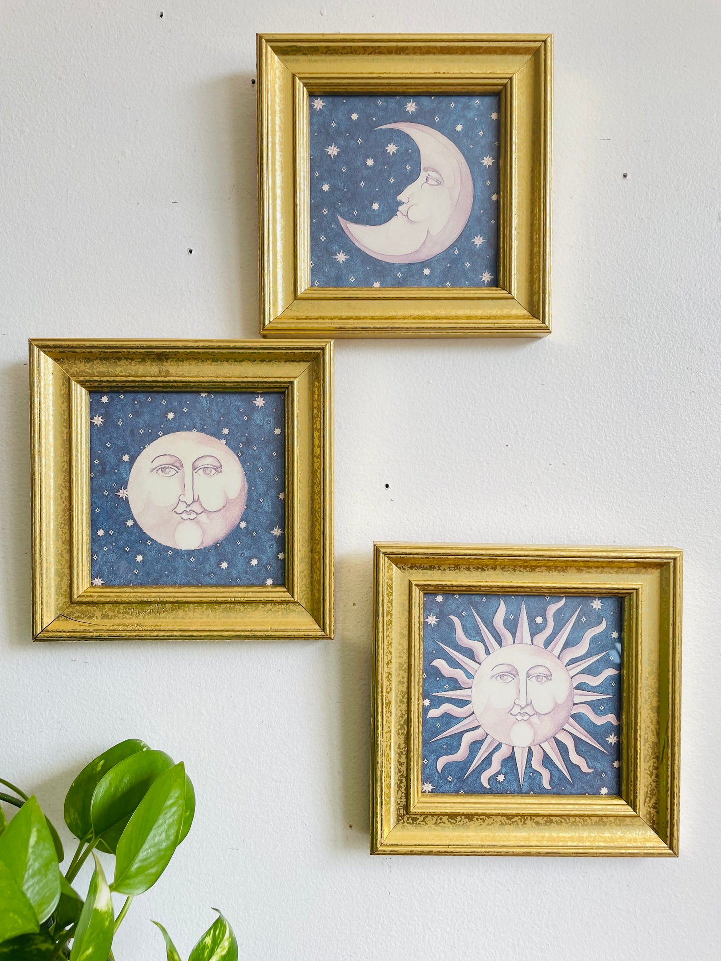 Vintage 1990s Mary Beth Zeitz Celestial Sun, Crescent Moon & Full Moon Print Pictures in Gold Frames - Set of 3 - Y2K Astrology Whimsigoth Decor