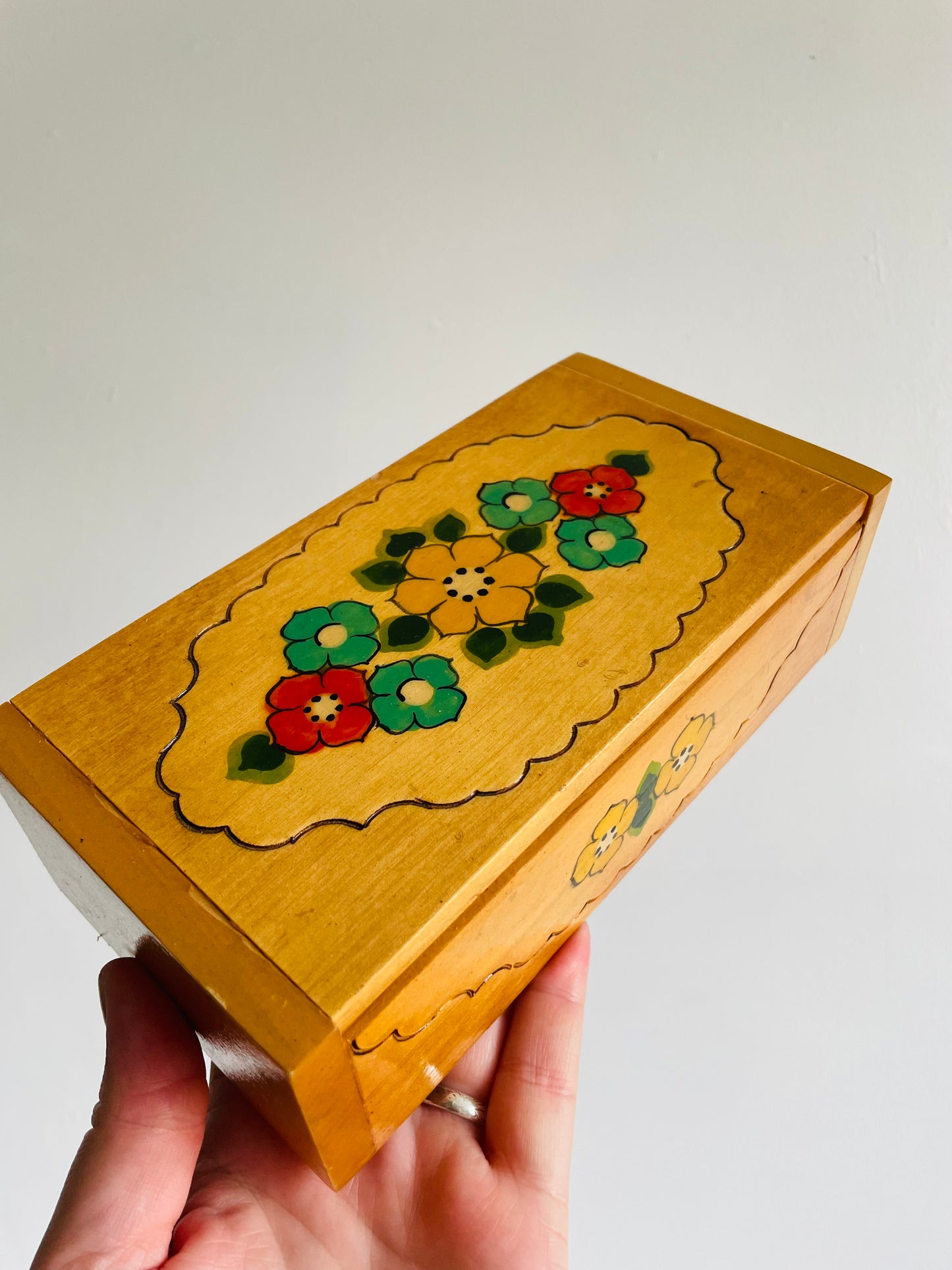 Russian Folk Art Wood Jewellery Box with Hinged Lid & Hand Painted Flower Design