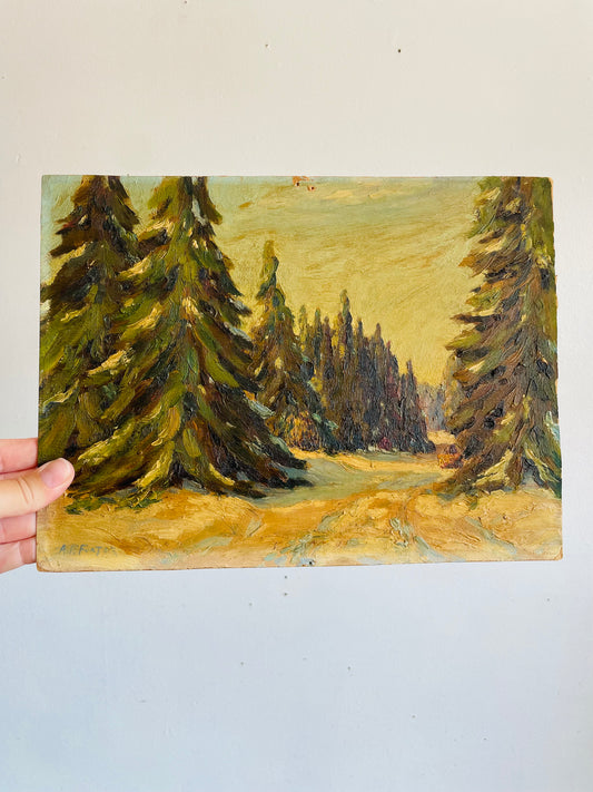 Antique Original Art Painting of Fir Tree Forest in Winter on Board - Artist Signed - Purchased from Great-Nephew of Artist in Haliburton, ON
