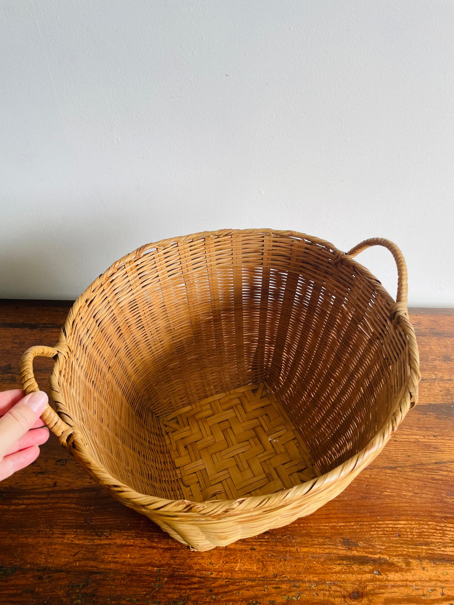 Large Wicker & Bamboo Square Base Basket with Handles - Makes a Great Plant Holder!