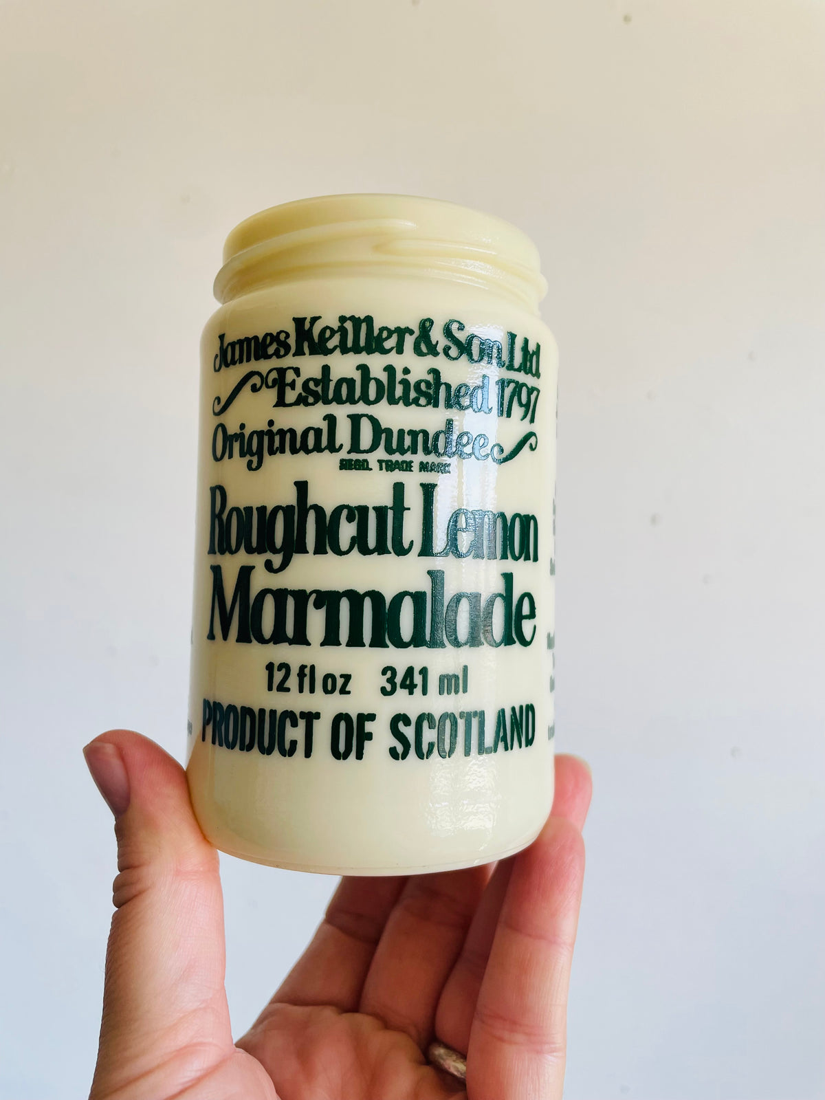 Vintage James Keiller & Son Ltd. Roughcut Lemon Marmalade Milk Glass Jar - Green Font In English & French for Canadian Distribution - Product of Scotland