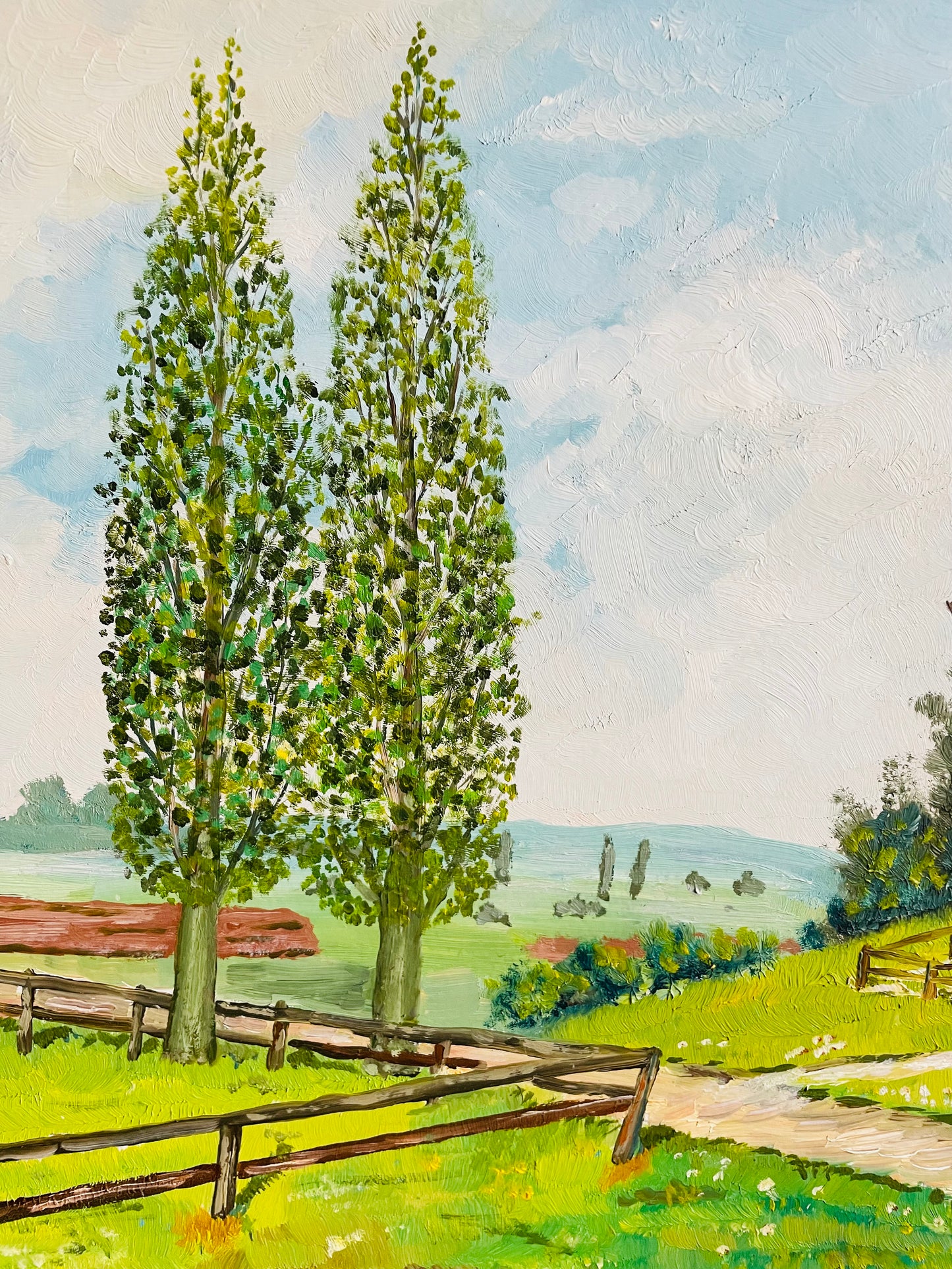 Vintage 1982 Original Art Painting of Dutch Countryside Scene - Green Grass Meadow & Windmill Cottage - Artist Signed