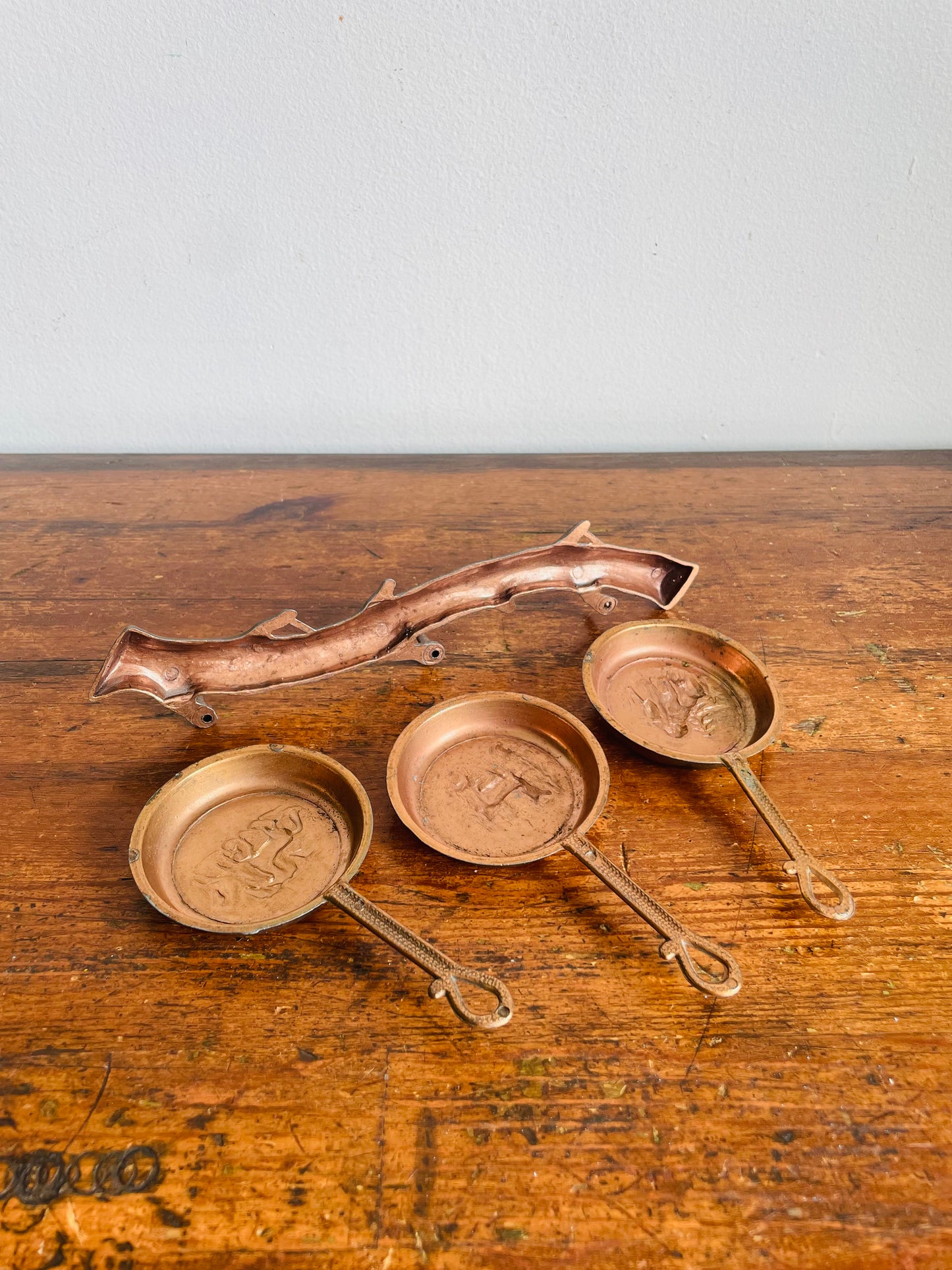 Vintage Miniature Hanging Copper Pans on Branch Hanger with Embossed Animal & Nature Images
