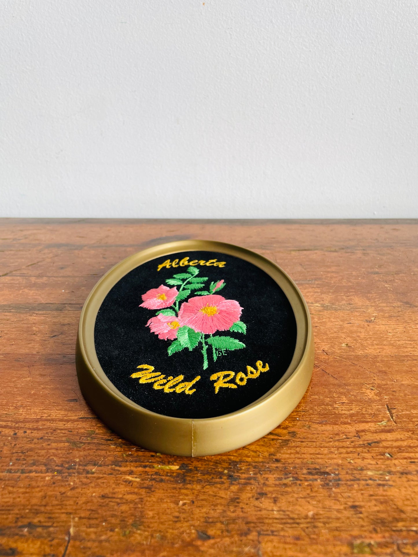Vintage Alberta Wild Rose Embroidery on Black Velvet Oval Framed Picture