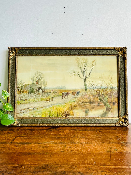 Vintage / Possibly Antique Gorgeous Print Picture in Ornate Frame by English Artist Henry John Yeend King - Pastoral Scene of Shepherd, Dog, Cows & Thatched Roof Cottage