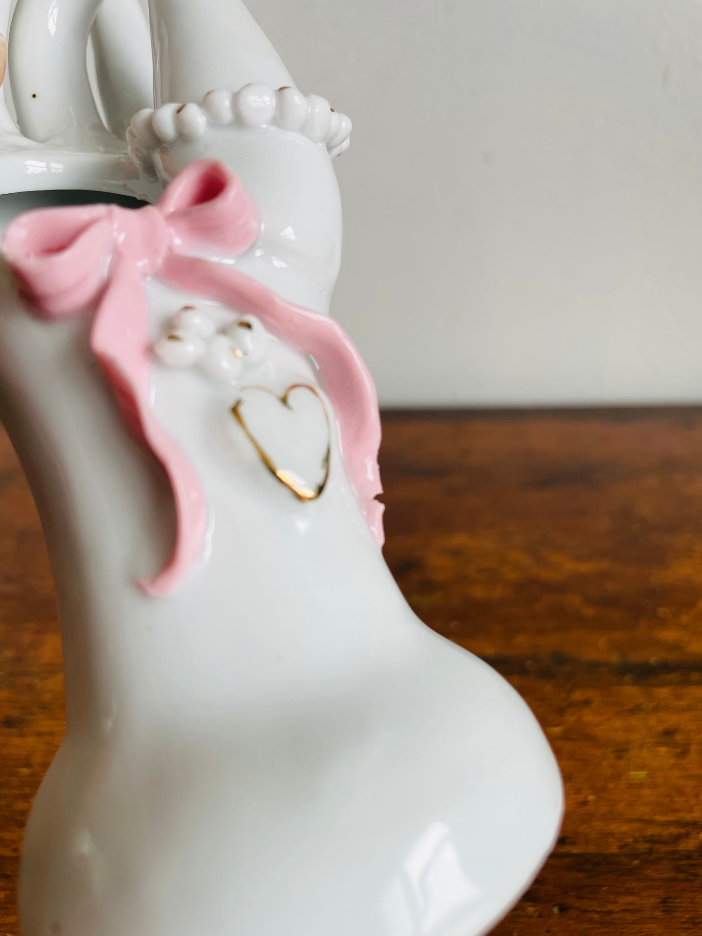 Vintage Porcelain White Hand Bud Vase with Pink Bow & Heart Design