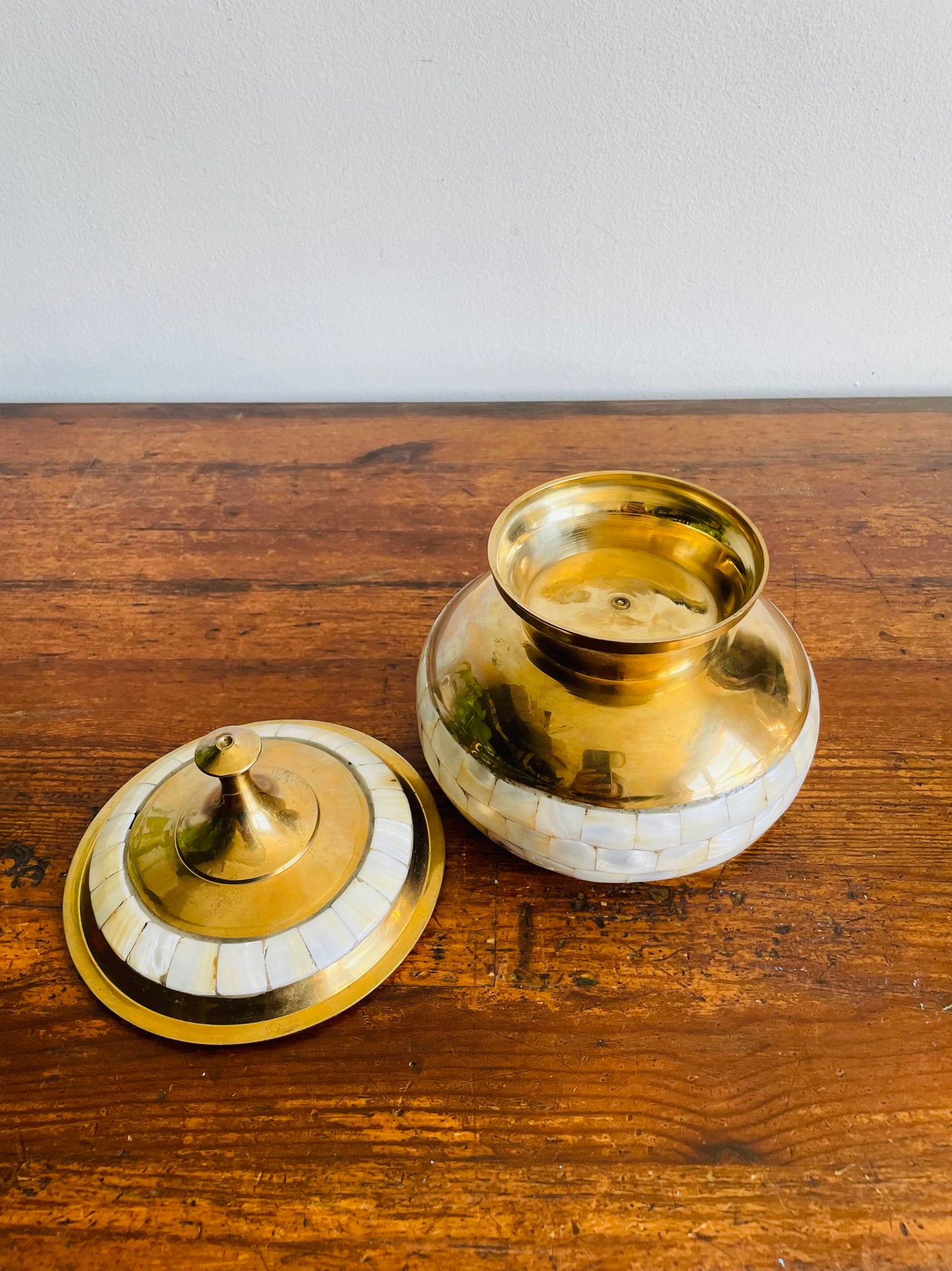 Beautiful Brass Pedestal Bowl with Lid & Inlaid Mother of Pearl Tiles