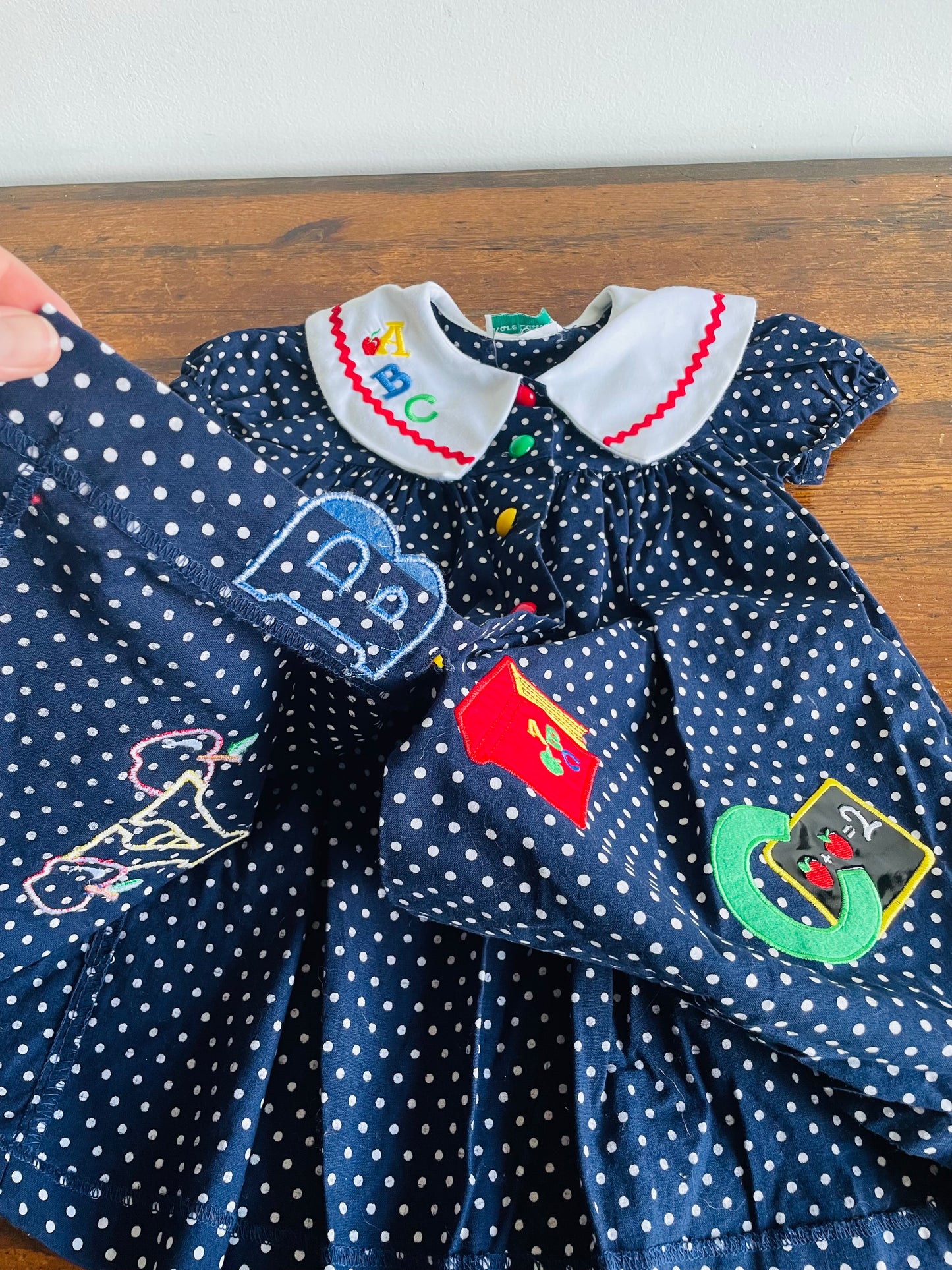 Rare Edition Brand 100% Cotton Navy Polka Dot Dress with ABC School Patches - Size 24 Months