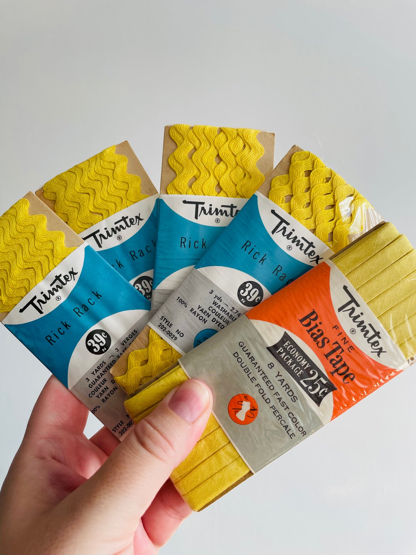 Shades of Yellow Trimtex Rick Rack & Double Fold Bias Tape - Brand New Vintage in Original Packaging - Set of 5