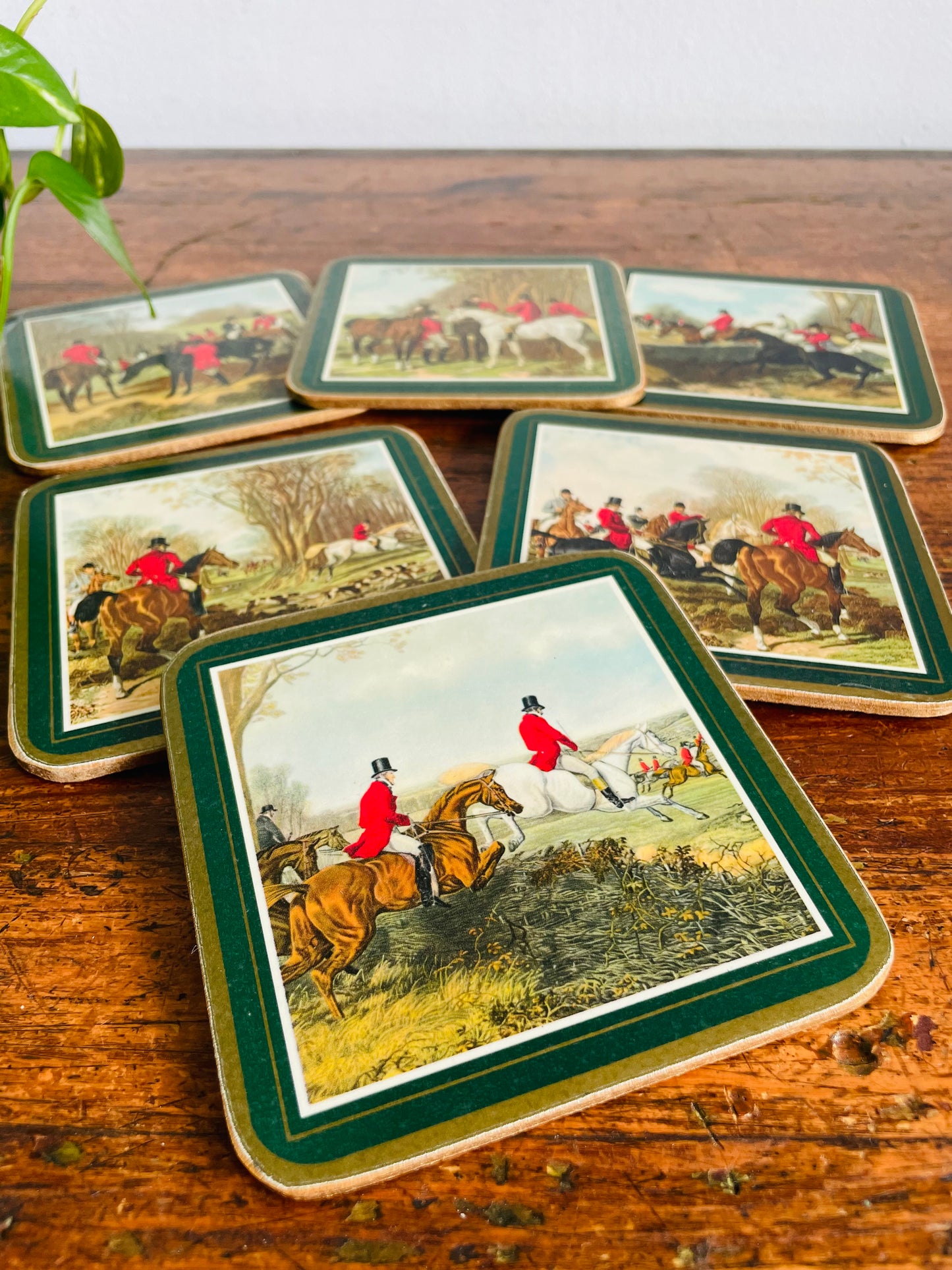 Vintage Pimpernel Cork Backed Coasters with English Rider, Dog & Horse Scenes - Made in England - Set of 6