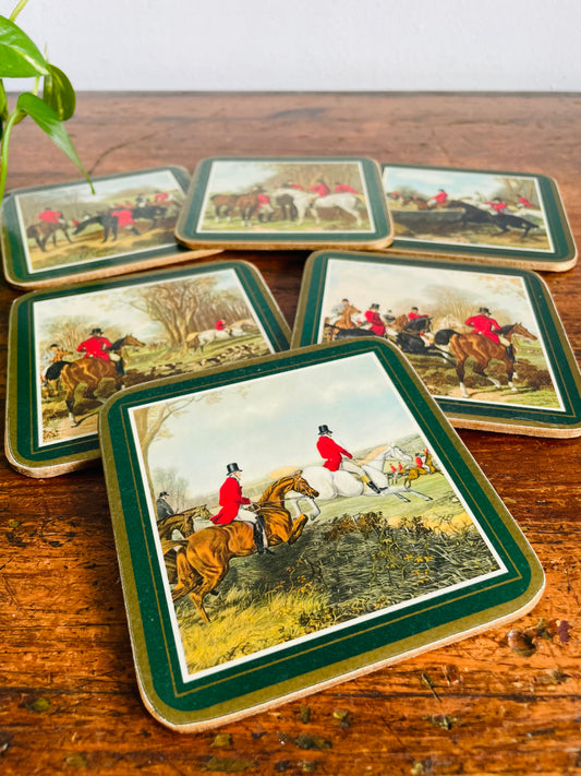 Vintage Pimpernel Cork Backed Coasters with English Rider, Dog & Horse Scenes - Made in England - Set of 6