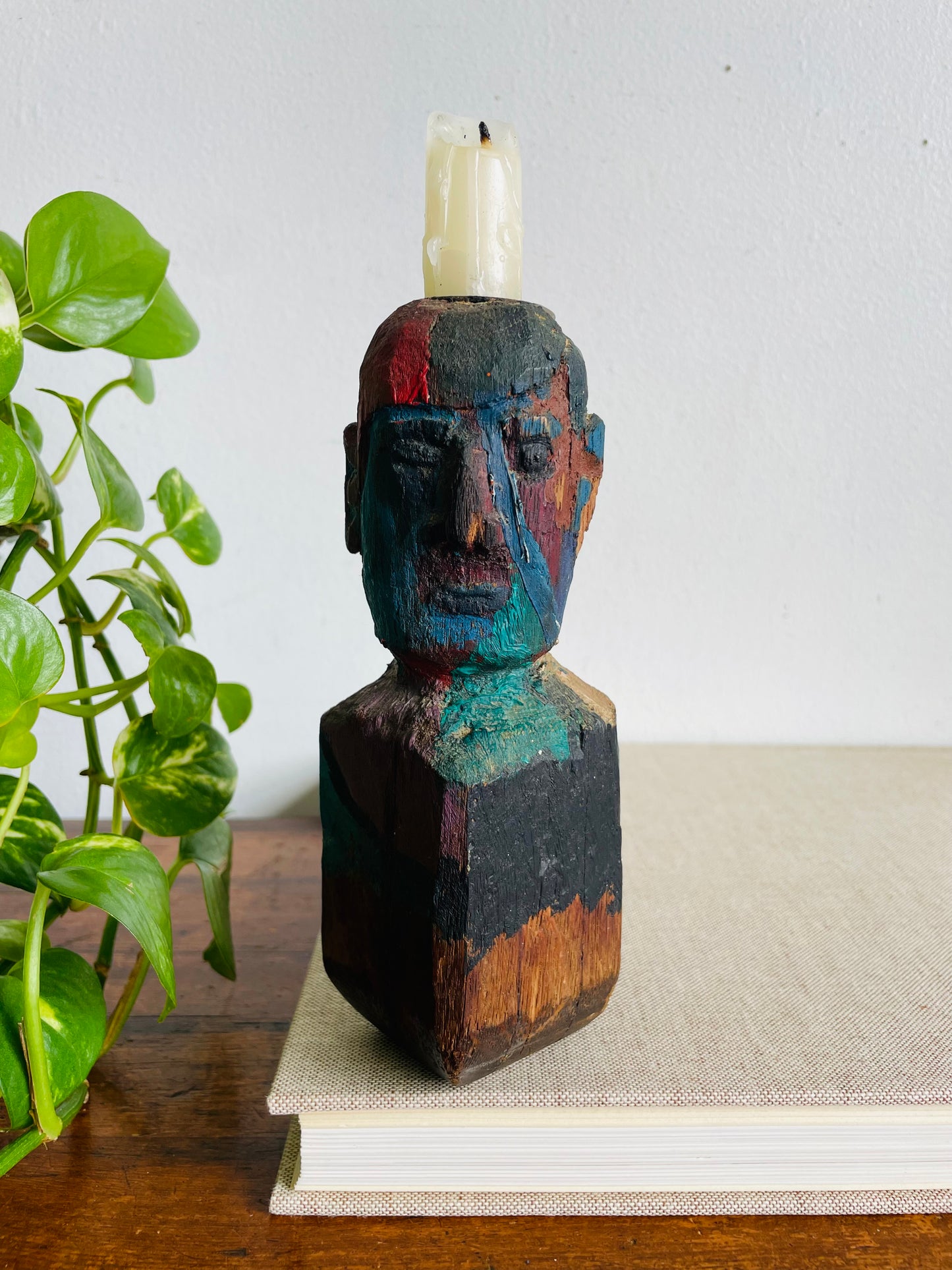 Vintage Hand Carved & Painted Wood Sculptural Head Figure Candle Holder - Found in the Workshop of Fort Erie Artist Estate