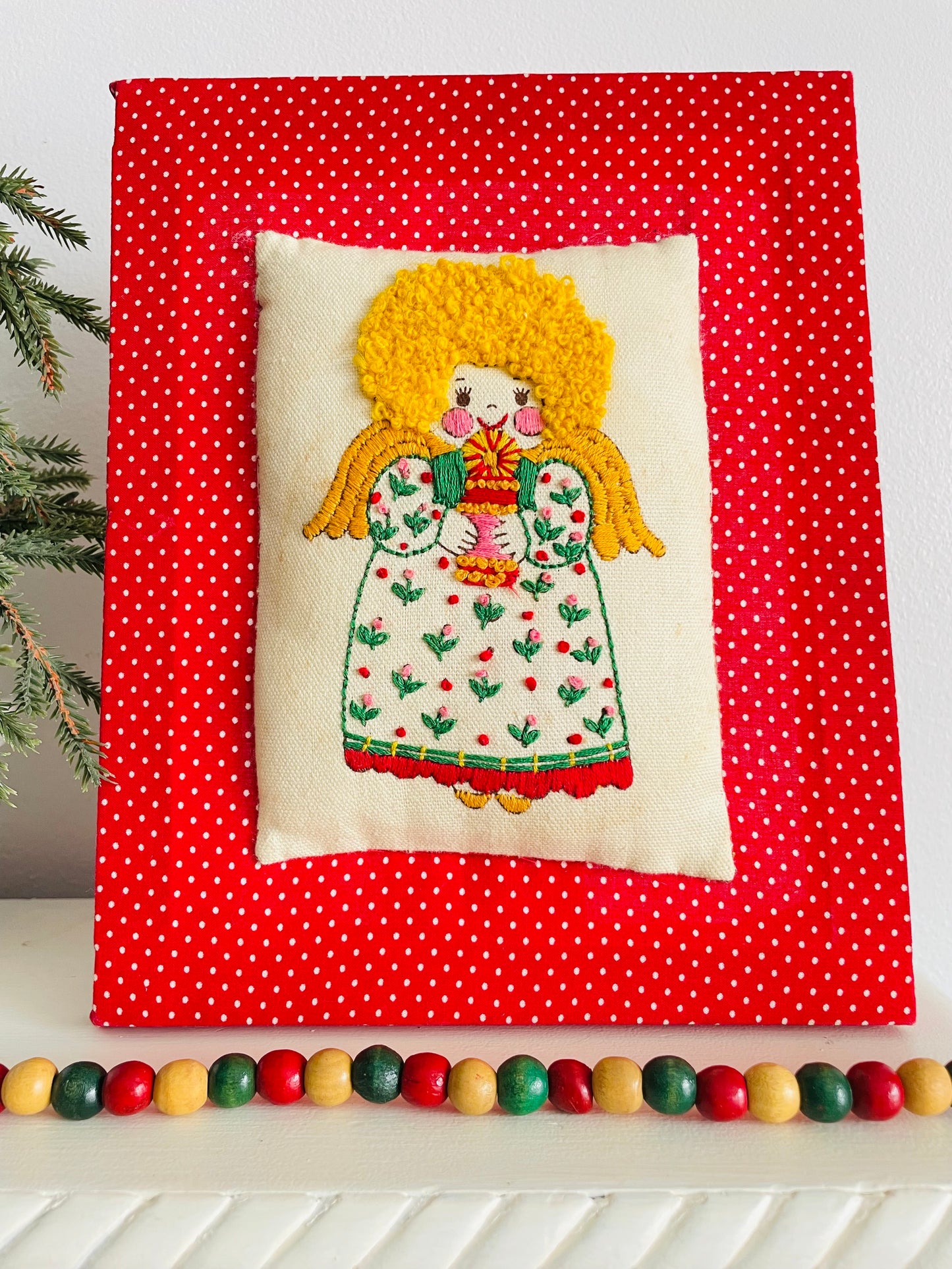 Vintage Adorable Crewel Embroidery Stuffed Fabric Picture of Little Girl Christmas Angel