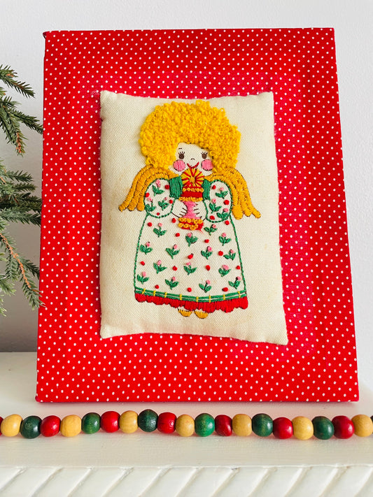 Vintage Adorable Crewel Embroidery Stuffed Fabric Picture of Little Girl Christmas Angel