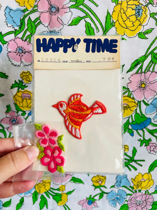 Groovy Patches - Happy Time Orange & Yellow Bird & Pink Flowers - Set of 2