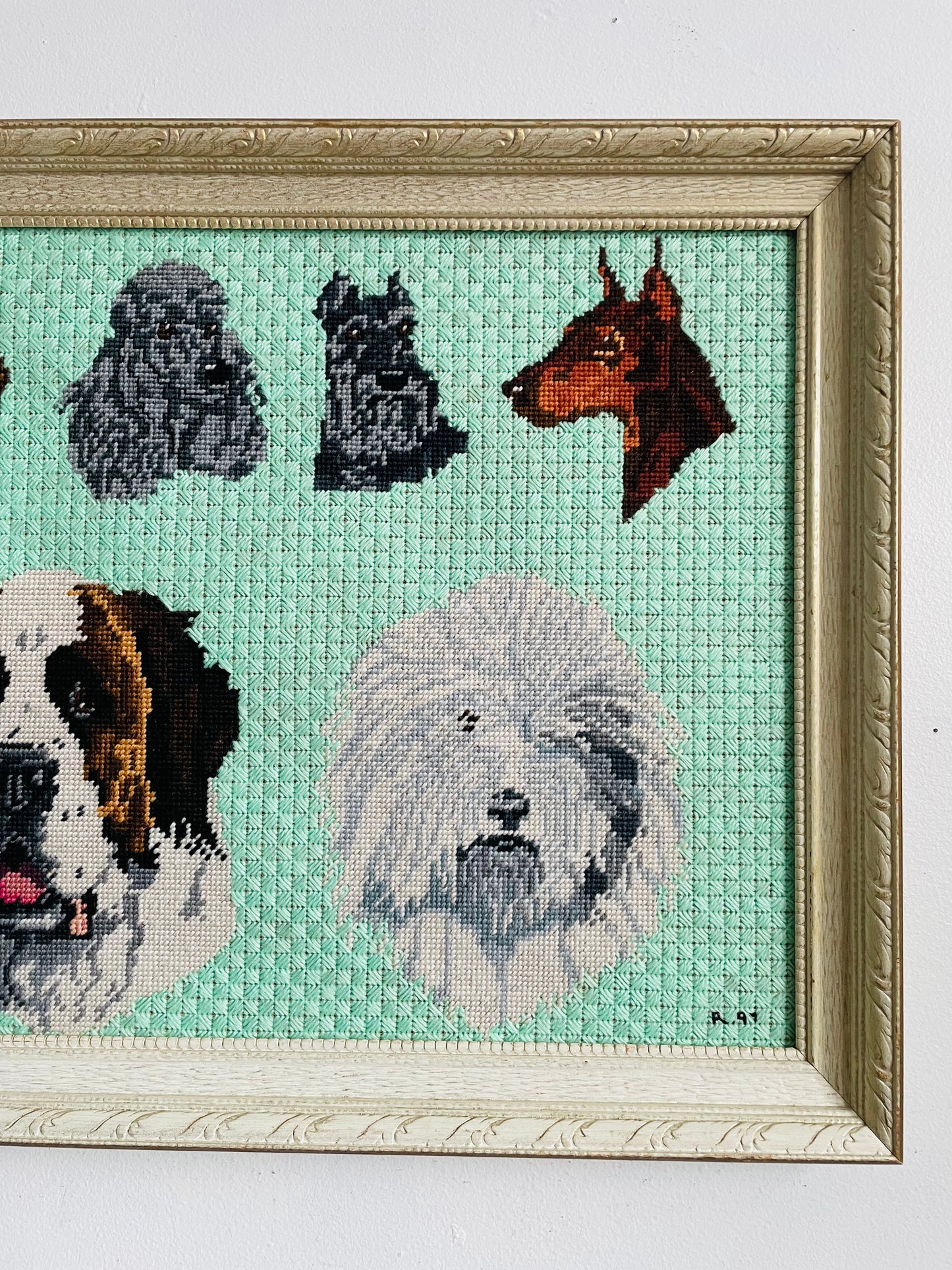 Vintage 1997 Adorable Needlepoint Embroidery Picture of Dog Breeds on Seafoam Green Background in Wood Frame - Beagle, Poodle, Schnauzer, Doberman, St. Bernard & Sheepdog