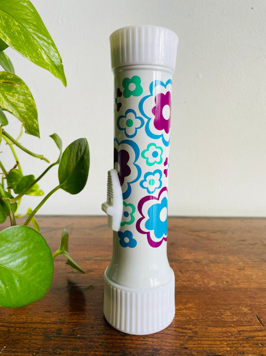Vintage Rose Brand White Metal Flashlight with Purple, Blue & Green Flower Power Design - Made in Hong Kong - Tested / Works!