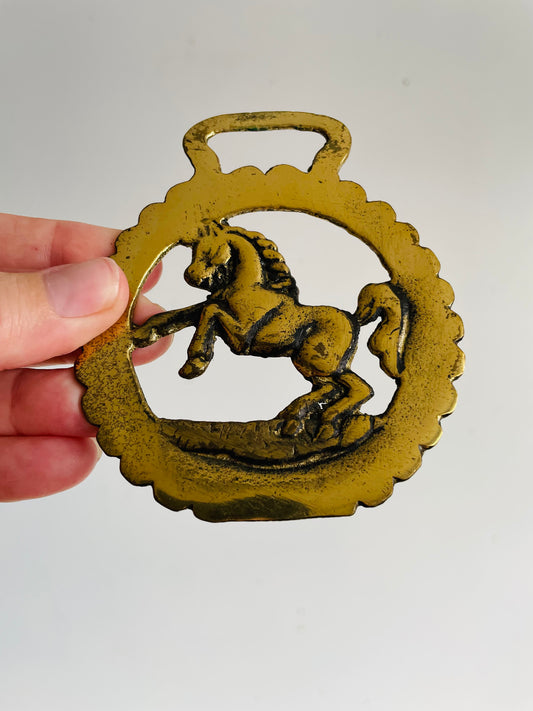Vintage Horse Brass Medallion Hanging Wall Decor with Jumping Horse