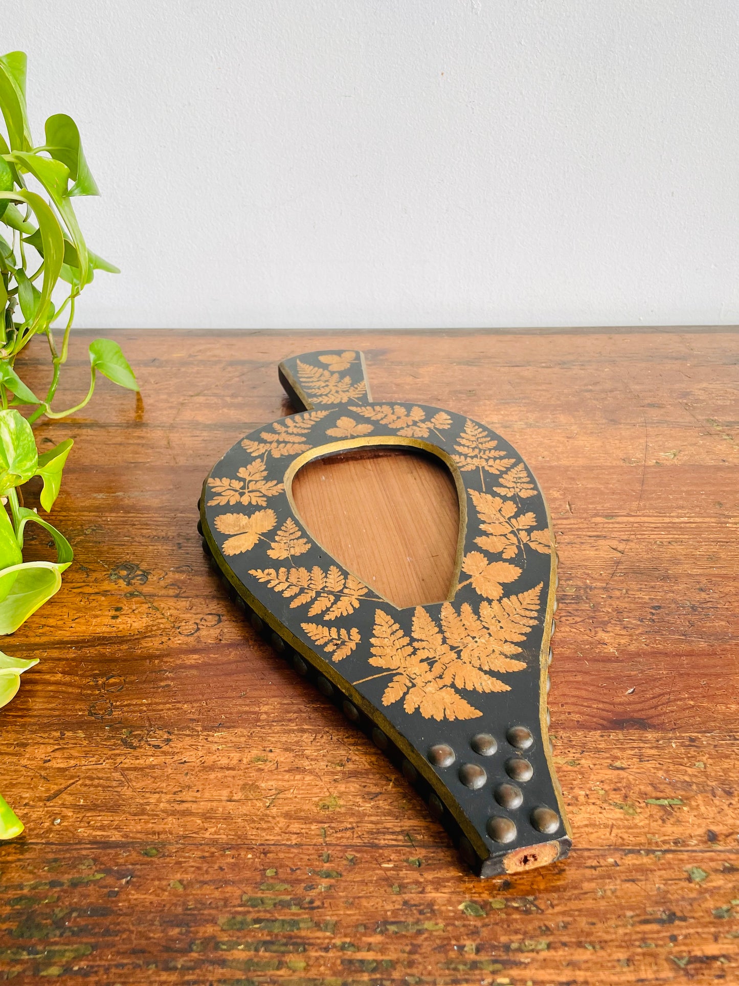 Vintage Handmade & Unique Hanging Wood Picture Frame with Brass Details & Botanical Fern Print - Repurposed Fireplace Bellows? The Most Interesting Frame I've Ever Seen!