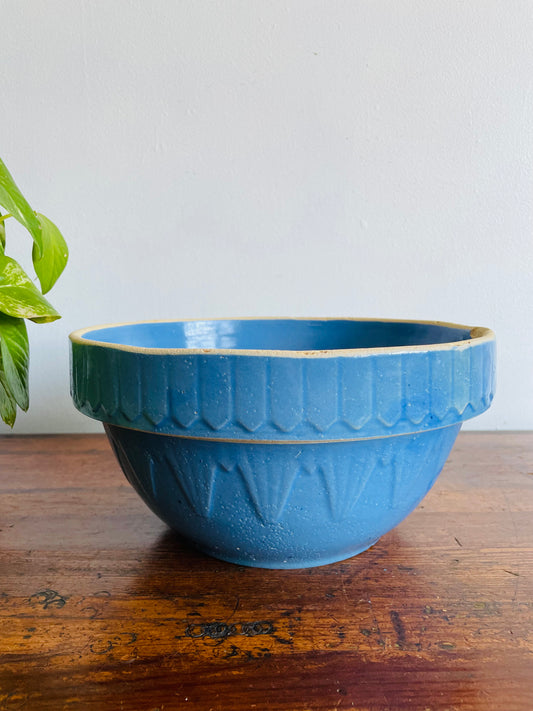 Large Blue Salt Glaze Stoneware Pottery Mixing Bowl with Picket Fence & Inverted Triangle Design