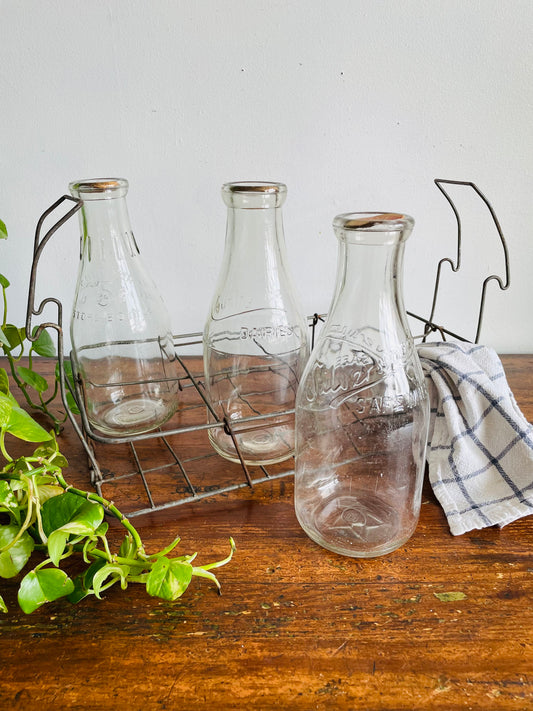 Vintage Metal Milk Bottle Caddy Carrier with Handles & Three Glass Milk Bottles with Cardboard Bottle Caps