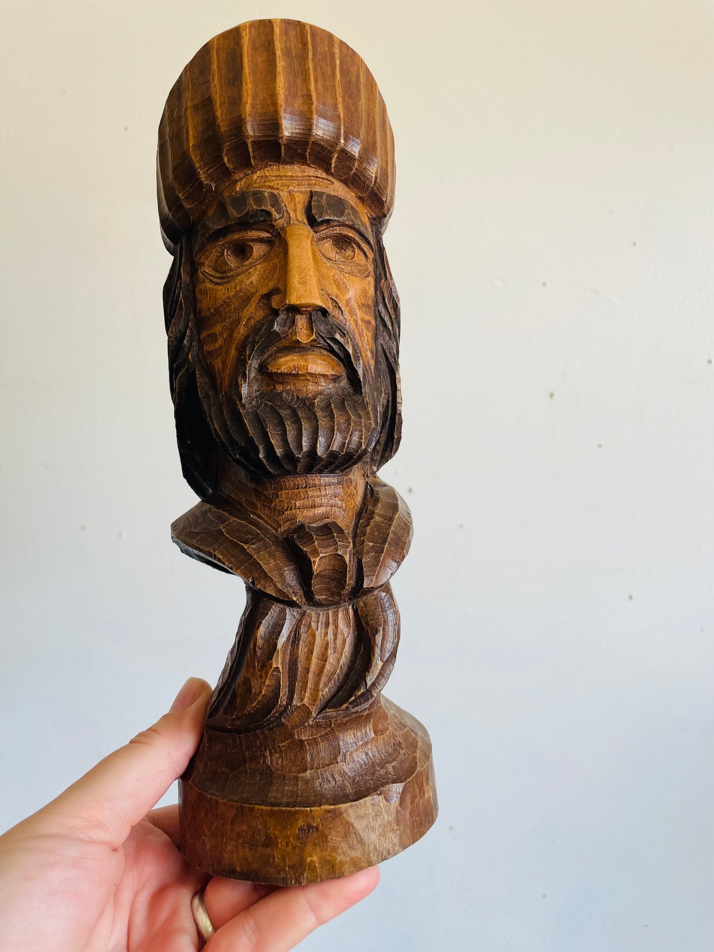 Vintage Hand Carved Wood Folk Art Bust Statue of Man - Artist Signed by J. Castelano