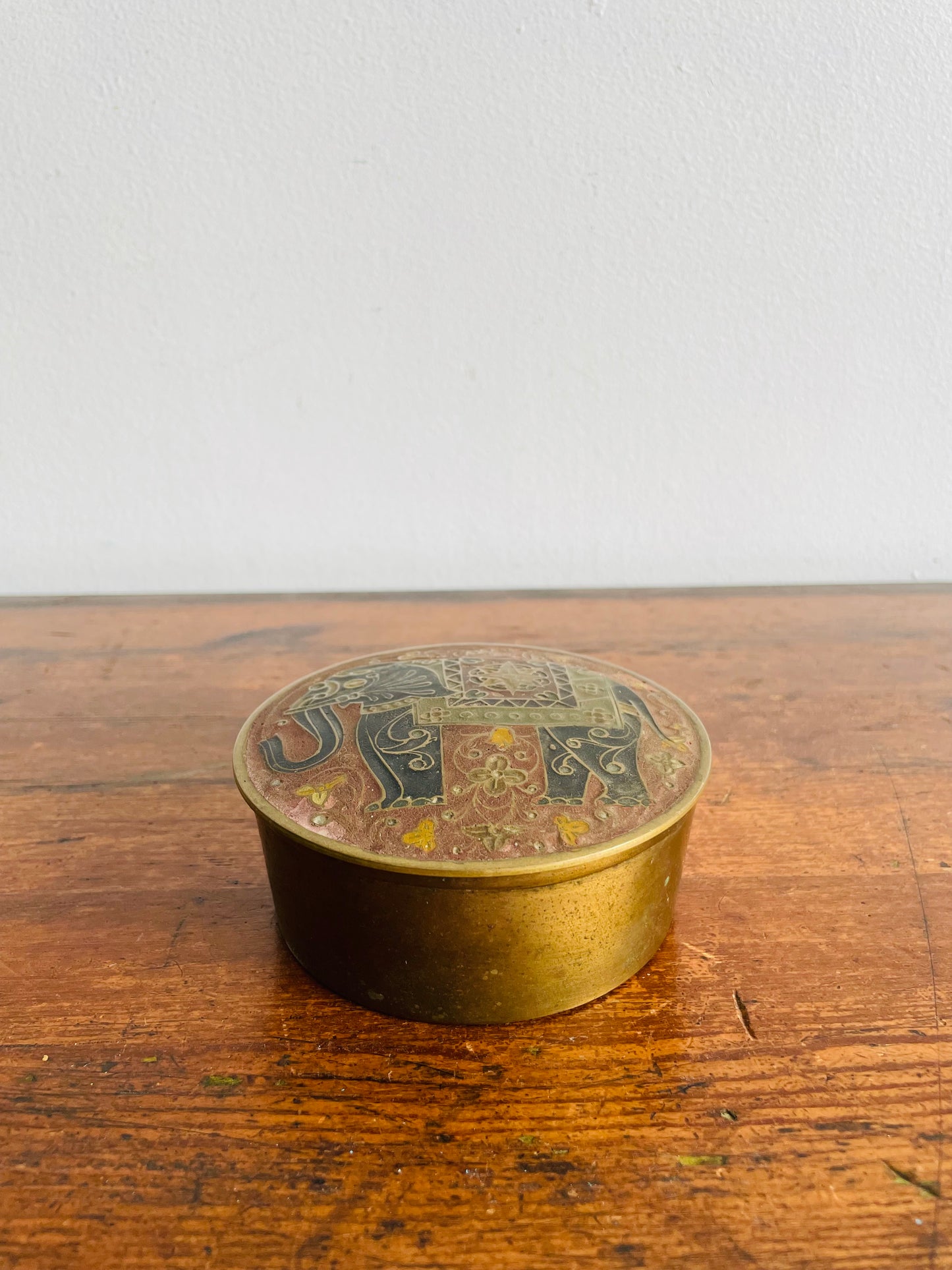 Enamelled Brass Round Trinket Box with Lid & Ornate Elephant Trunk Up Design