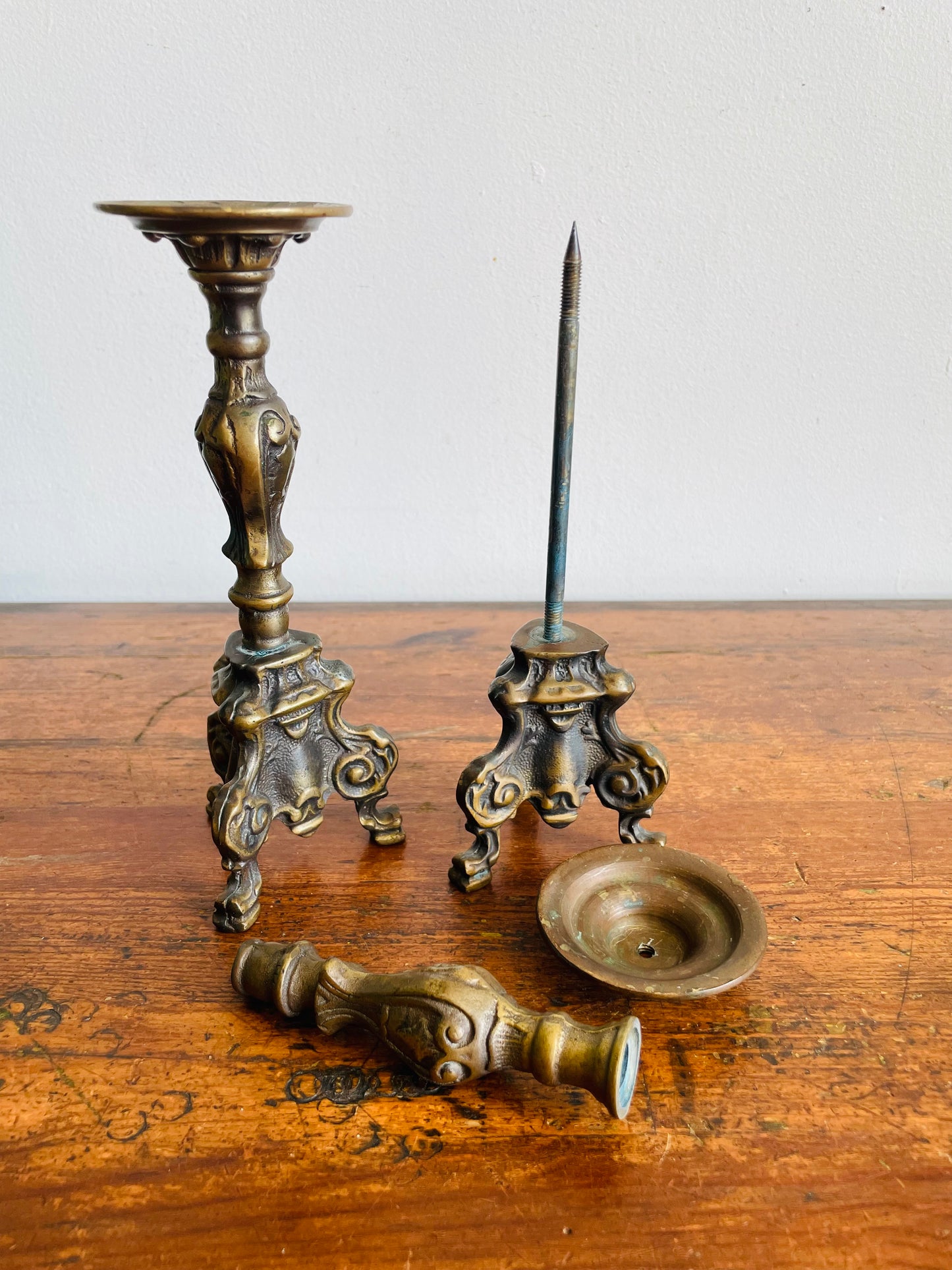 Vintage Heavy & Solid Brass Pricket Stick Candle Holders - Set of 2 - Can Unscrew & Take Apart
