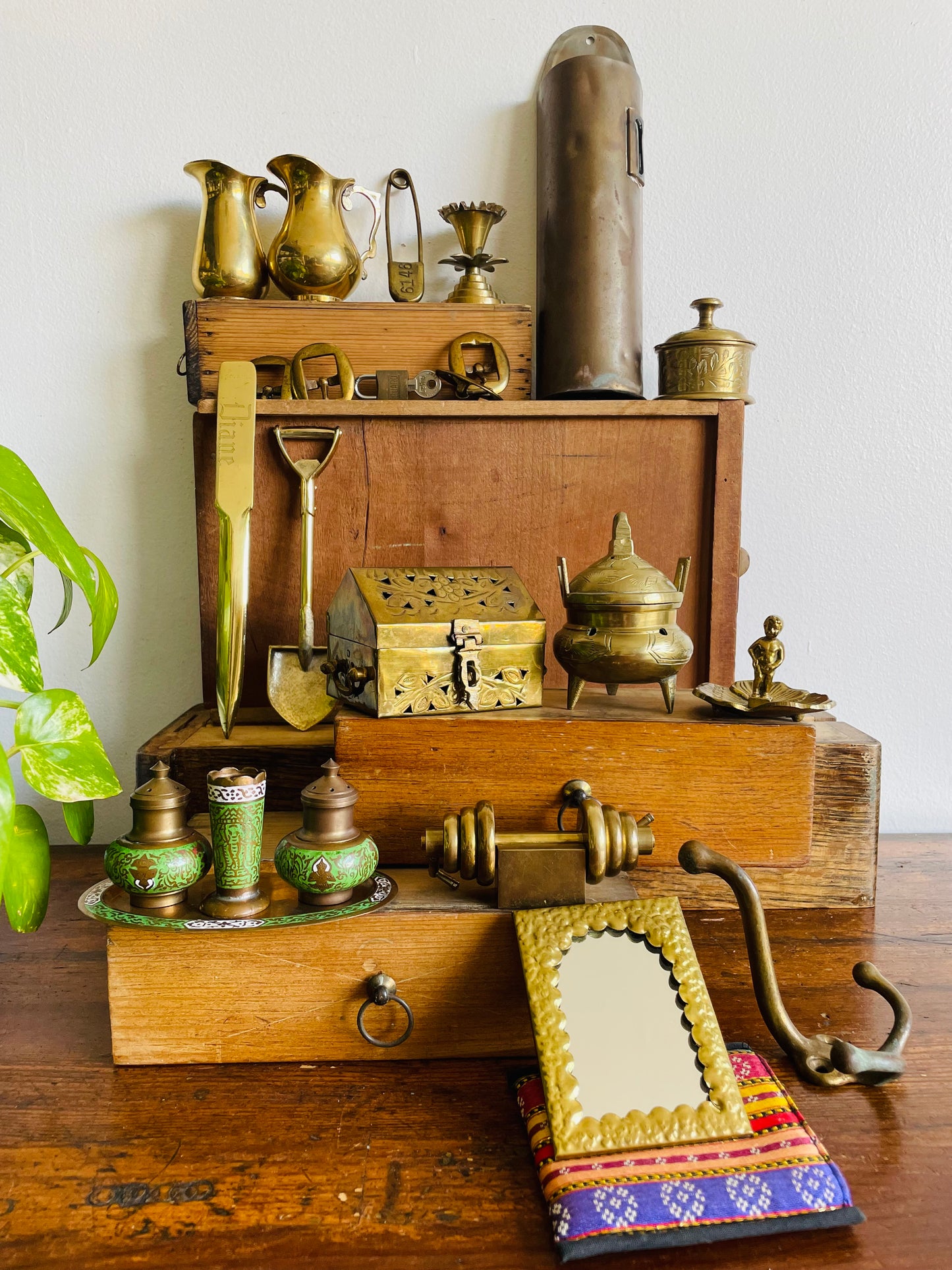 Brass & Enamel Table Set - Salt Shaker, Pepper Shaker, Toothpick Holder & Tray - Set of 4 Pieces