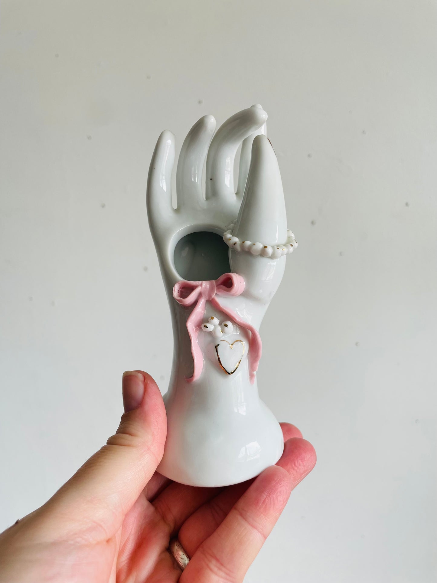 Vintage Porcelain White Hand Bud Vase with Pink Bow & Heart Design