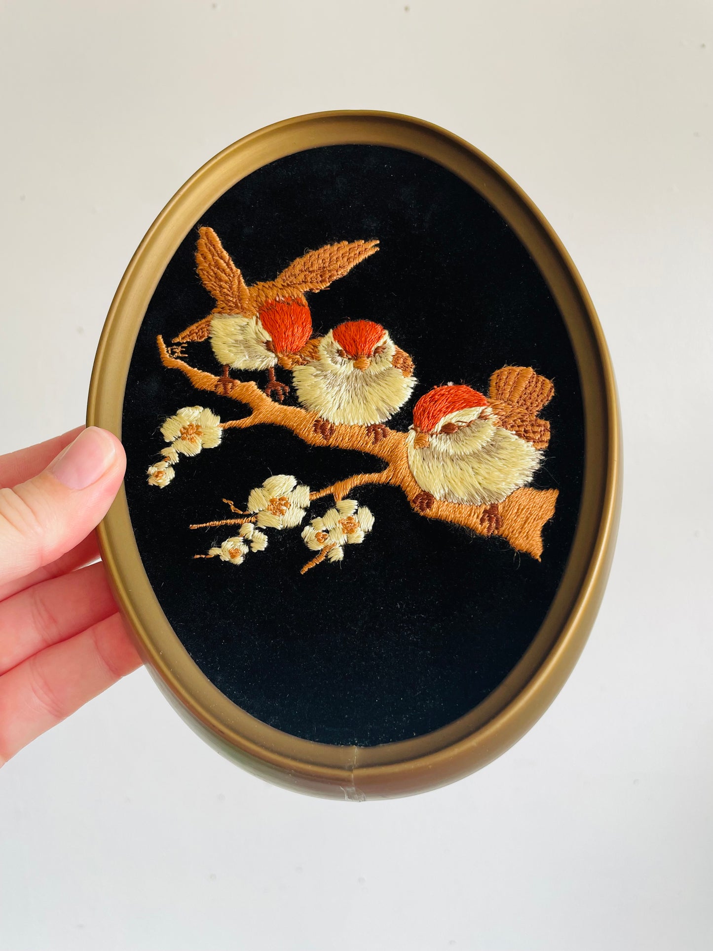 Vintage Ecstasy Giftware Oval Embroidery on Black Velvet Picture of Chickadee Birds in Spring with Flower Blossoms
