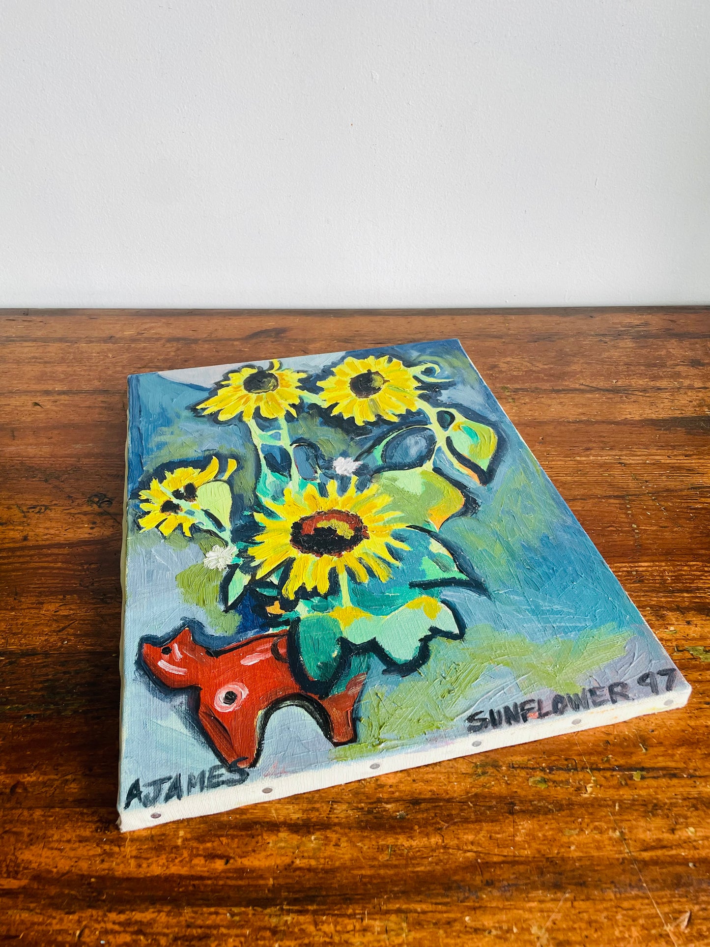 Vintage 1997 Sunflower Garden & Cat Abstract Original Art Painting on Canvas - Artist Signed A. James