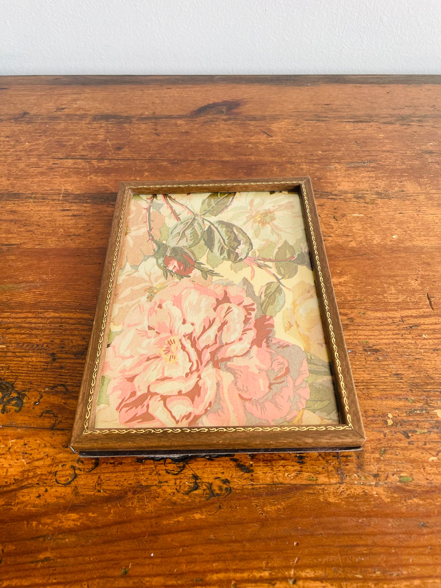 Brown & Gold Metal Picture Frame with Muted Floral Print - Can Prop or Hang