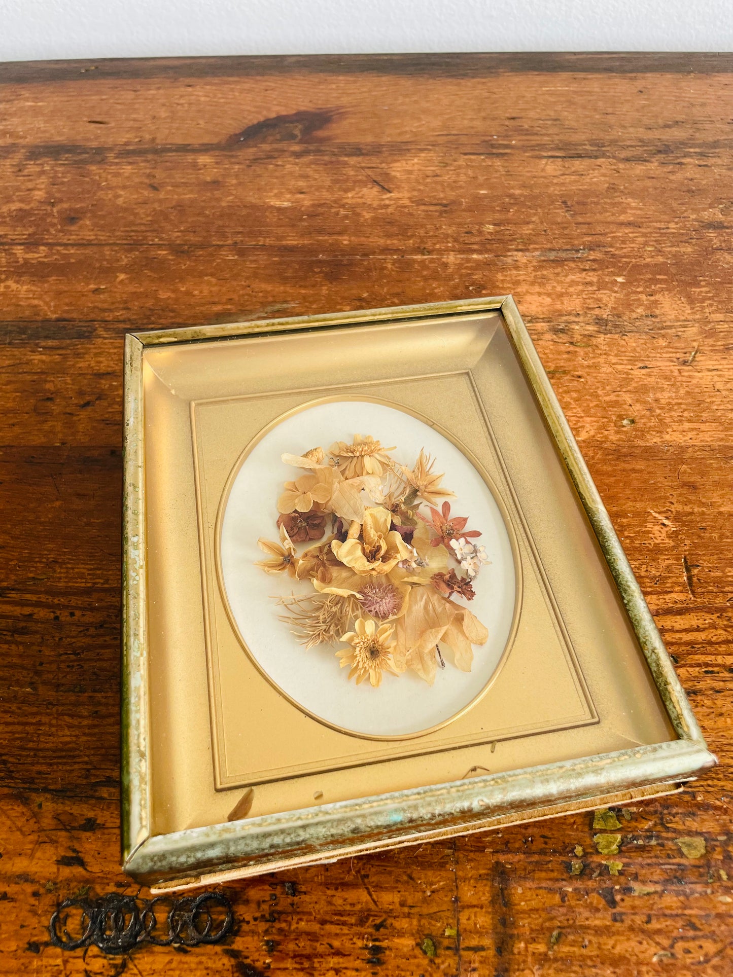 Dried Flower Arrangement - Oval Gold with Brass Shadow Box Frame - Easel Prop for Standing