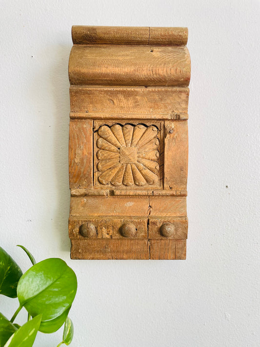 Vintage Wood Architectural Salvage Plinth Block Piece with Floral Rosette & Molded Trim - Can Hang or Stand