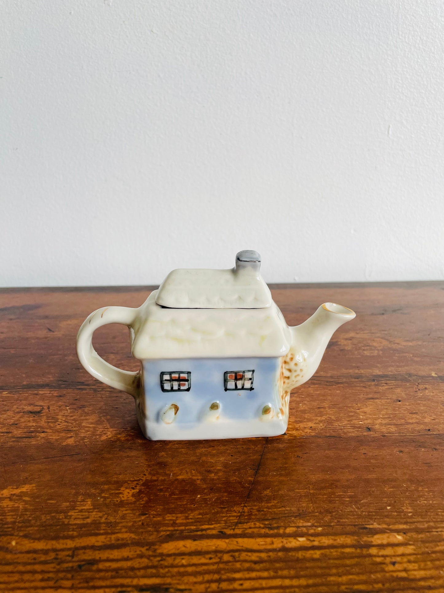 Miniature & Adorable Teapot - Country Cottage with Blue & Black Windows & Door