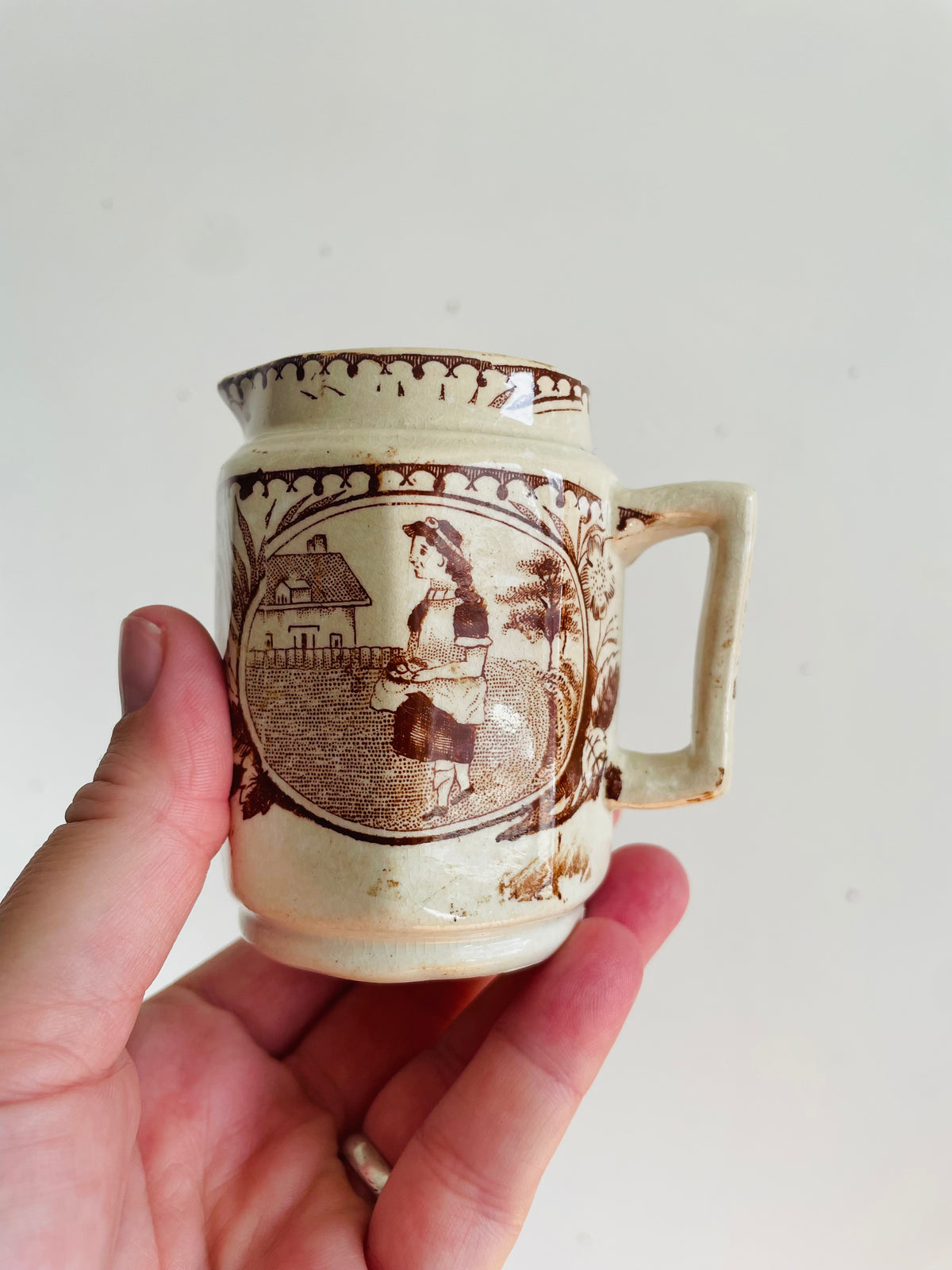 Antique Late Victorian 1880-1890 "Little May / Mae" Pattern 753 Sepia Brown Transferware Children's Toy Tea Set - Charles Allerton & Sons England - Plates, Bowl, Creamer, Biscuit Jar & Teapot - Set of 6 Pieces