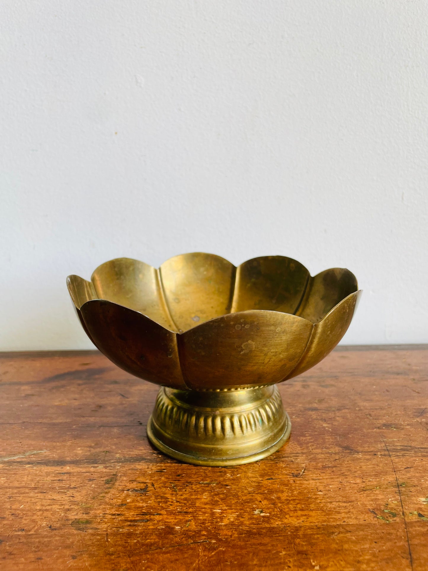 Vintage Brass Pedestal Bowl with Scalloped Rim