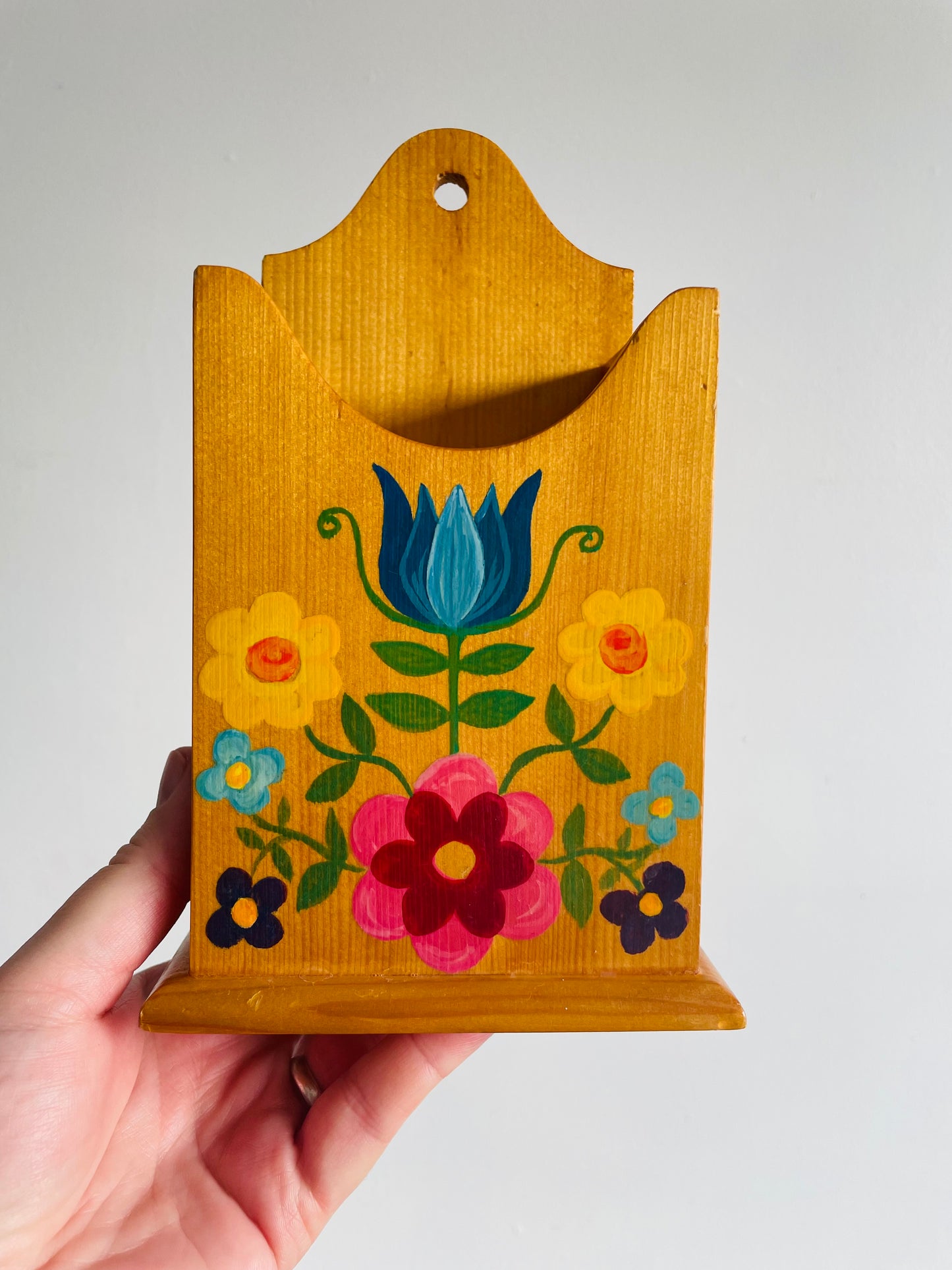 Wooden Box Holder with Hand Painted Folk Art Flower Design - Can Hang or Stand