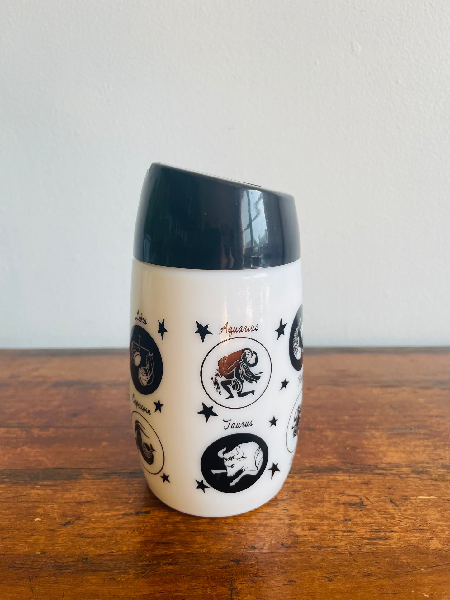 Black & White Milk Glass Horoscope Sugar Pour Dispenser with Zodiac Sign Graphics