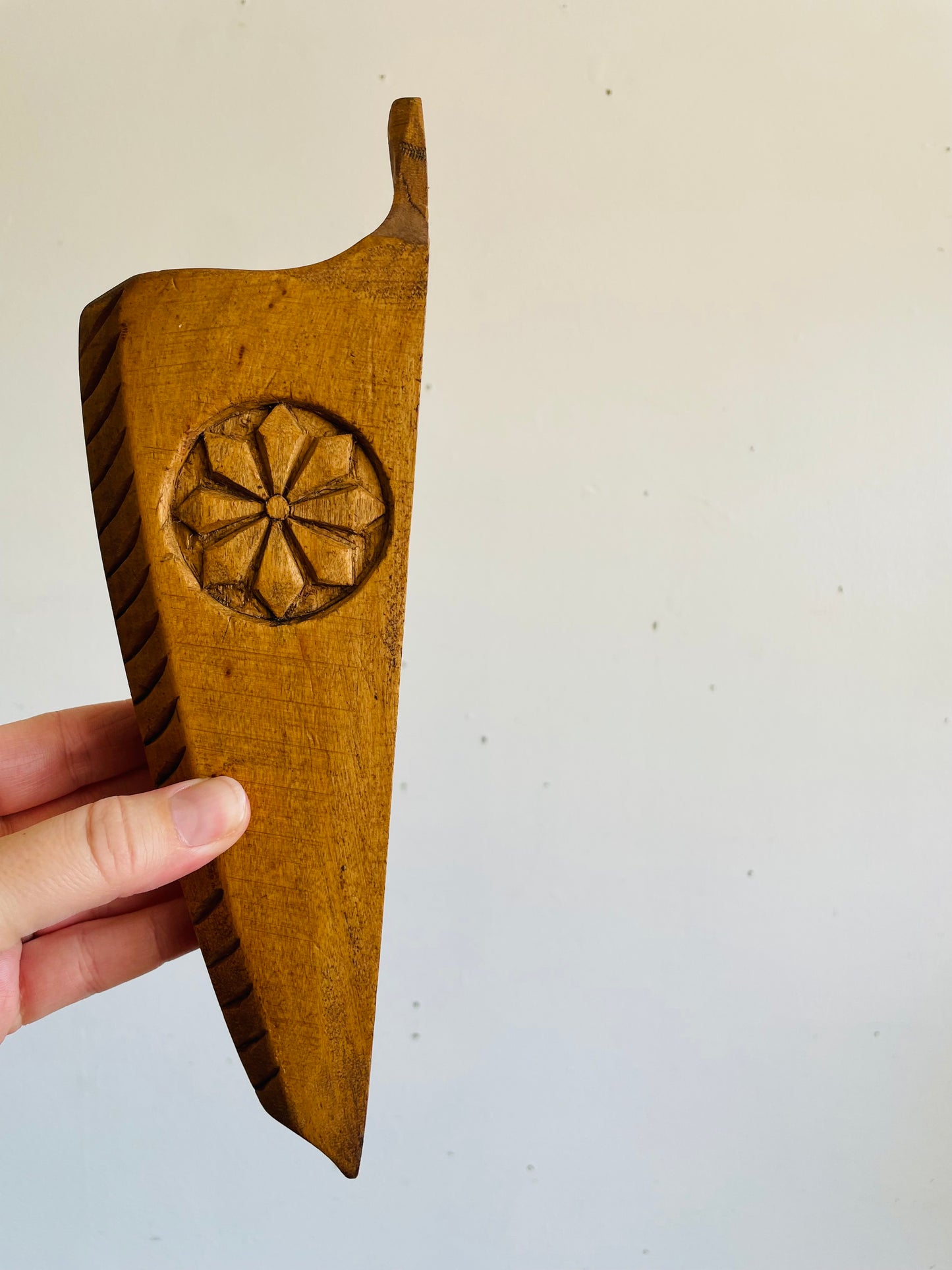 Vintage Hand Carved Wood Wall Pocket Vase with Flower & Stripe Design
