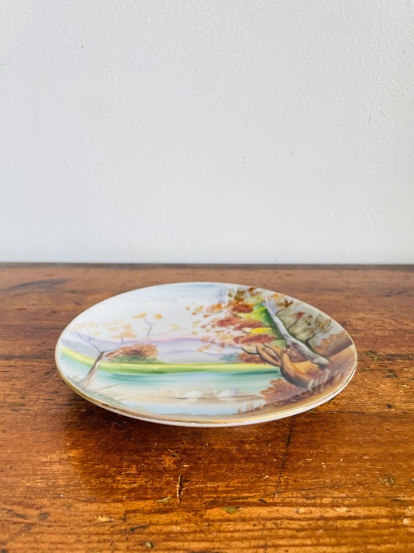 Vintage Hand Painted 6" Wall Hanging Plate with Beautiful Landscape Nature Scene - Swans on Lake, Mountains & Trees - Made in Japan - Signed Yoshida