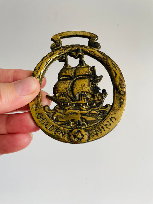 Vintage Horse Brass Medallion Hanging Wall Decor with Golden Hind Ship - Made in England