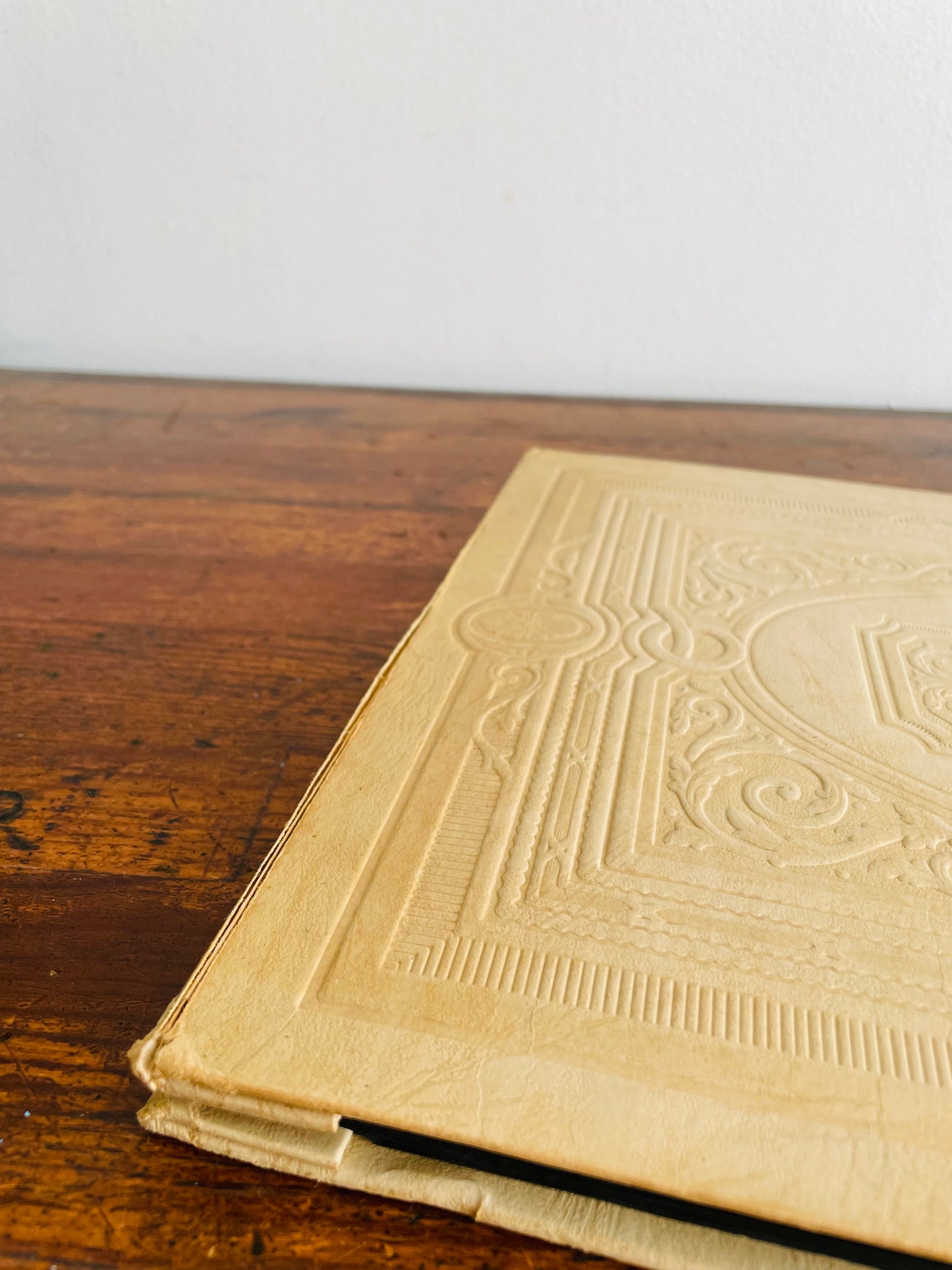 Antique Photo Album or Scrapbook - Cream with Embossed Design - Black Pages - Empty