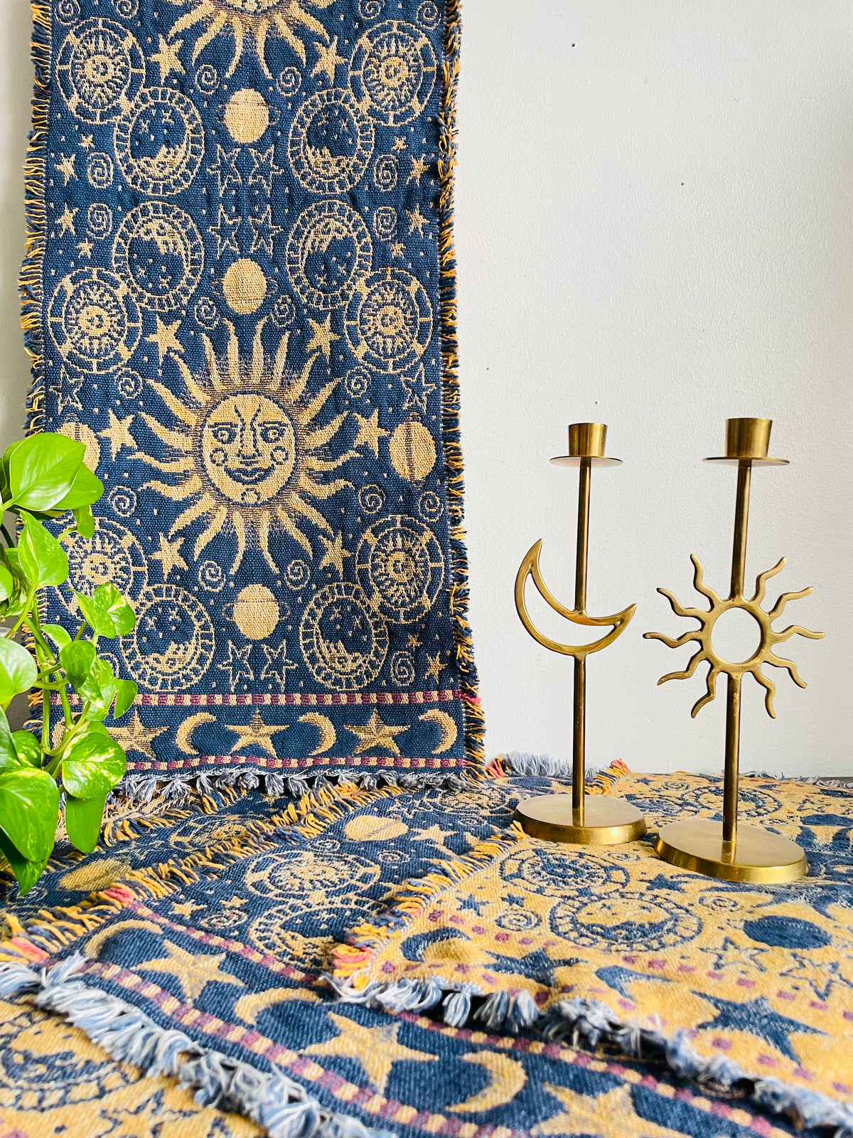 Vintage Blue & Yellow Reversible Celestial Tapestry Fabric Fringed Placemats with Sun, Moon & Star Design - Whimsigoth Decor - Set of 6