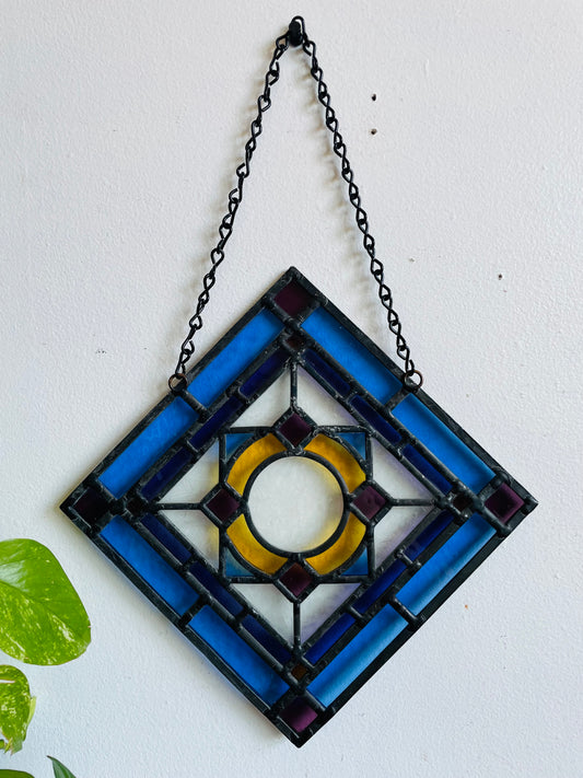 Vintage Hanging Blue, Purple & Yellow Stained Glass Suncatcher Window Decor